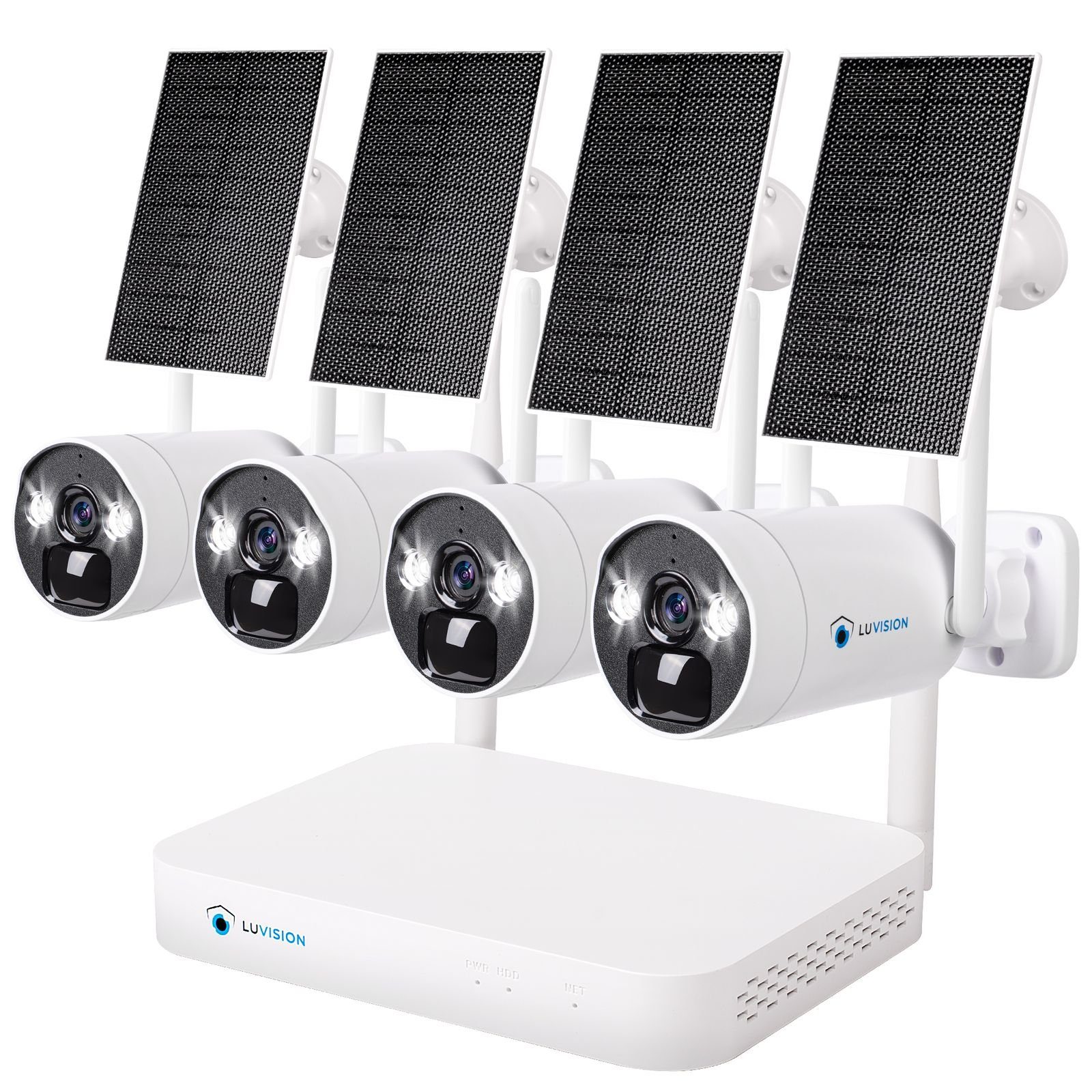 LUVISION Überwachungskamera (Außen- und Innenbereich, 4-tlg., WLAN Solar Akku Überwachungssystem 4 Kanal Funk Kamera Set Mikrofon, Cloud, 2-Wege Audio, 10CH NVR, Solarpanel, Batterie, PC Client & App)