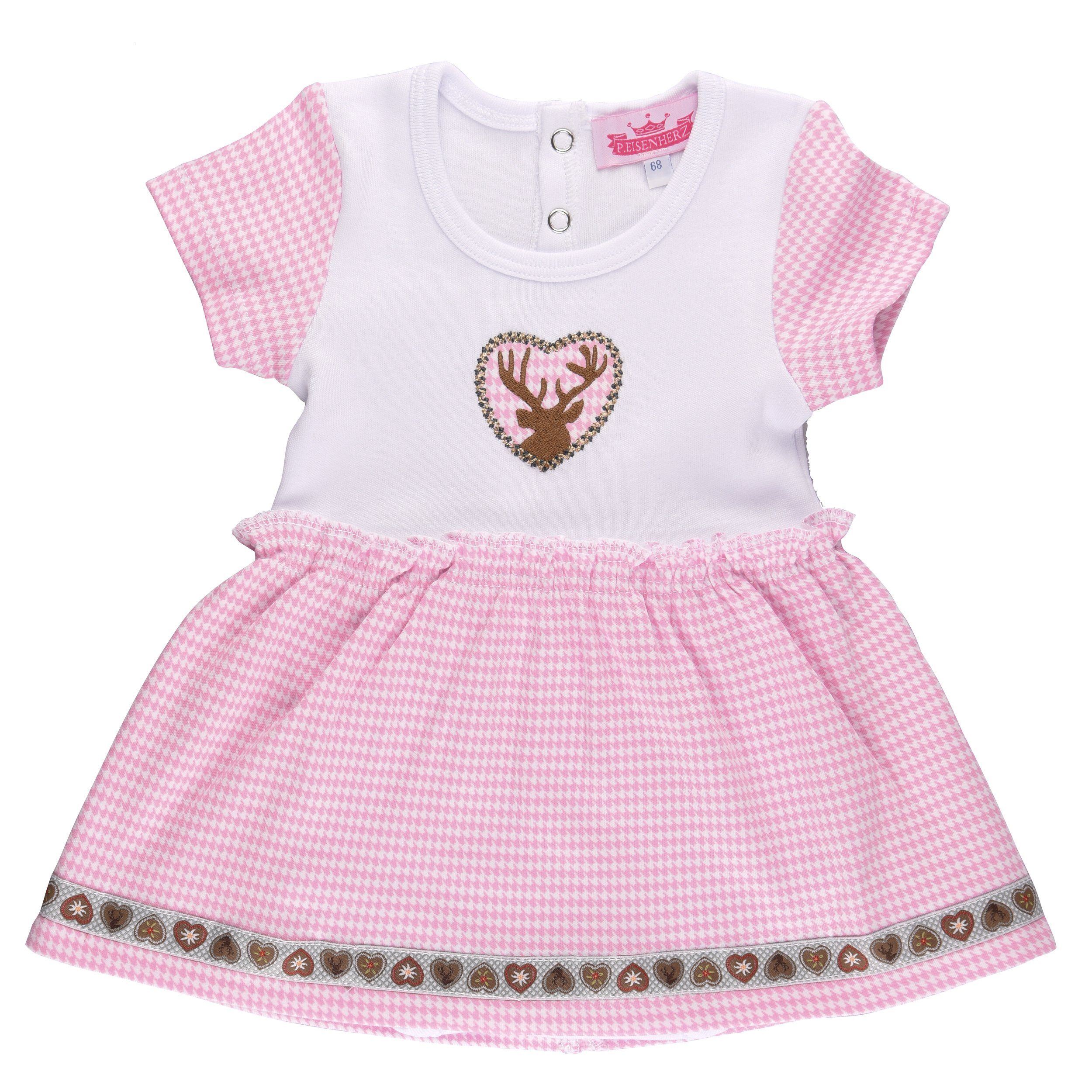 P.Eisenherz Kurzarmbody Dirndl Body''Hirsch'', rosa/weiß mit angenähtem Karo-Röckchen