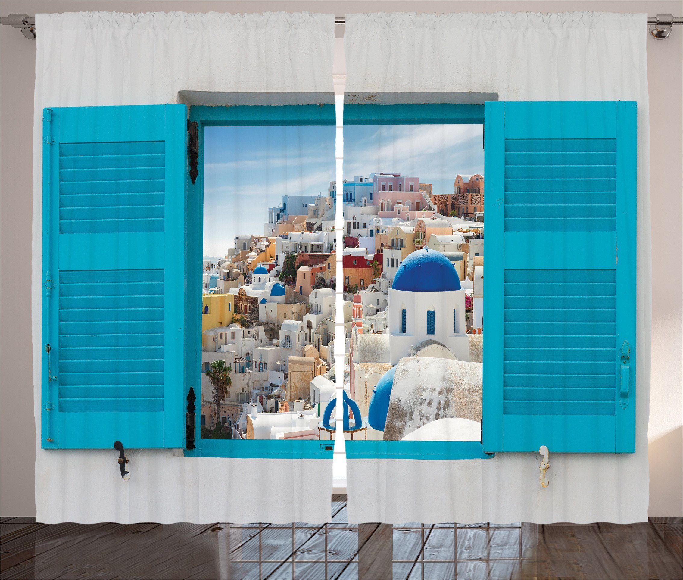 Gardine Schlafzimmer Kräuselband Vorhang mit Fenster und Fensterläden Alte Haken, Schlaufen Abakuhaus, Griechenland