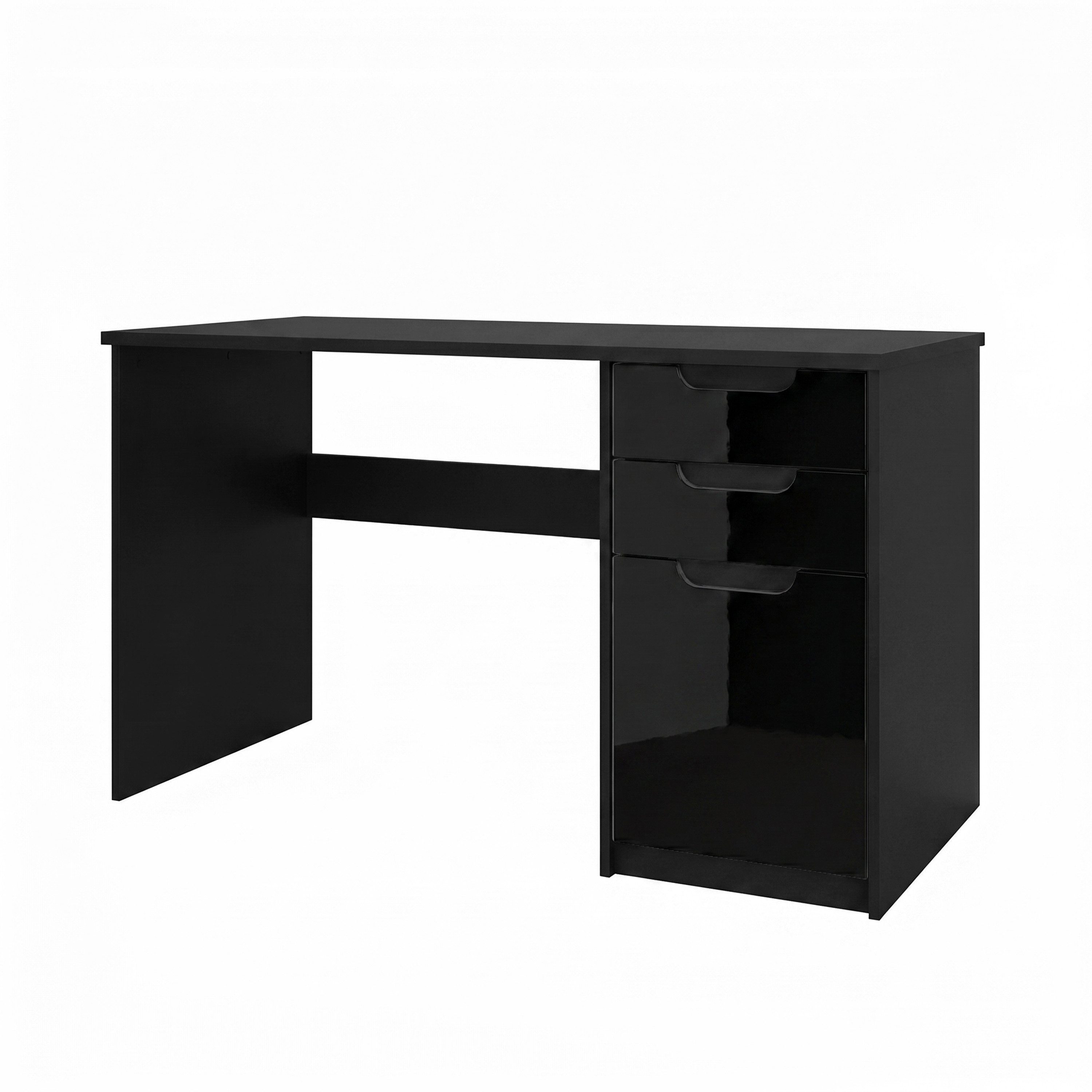 Vladon Schreibtisch Logan (Bürotisch, mit 2 Schubladen und 1 Tür), Schwarz matt/Schwarz Hochglanz (129 x 76 x 60 cm)