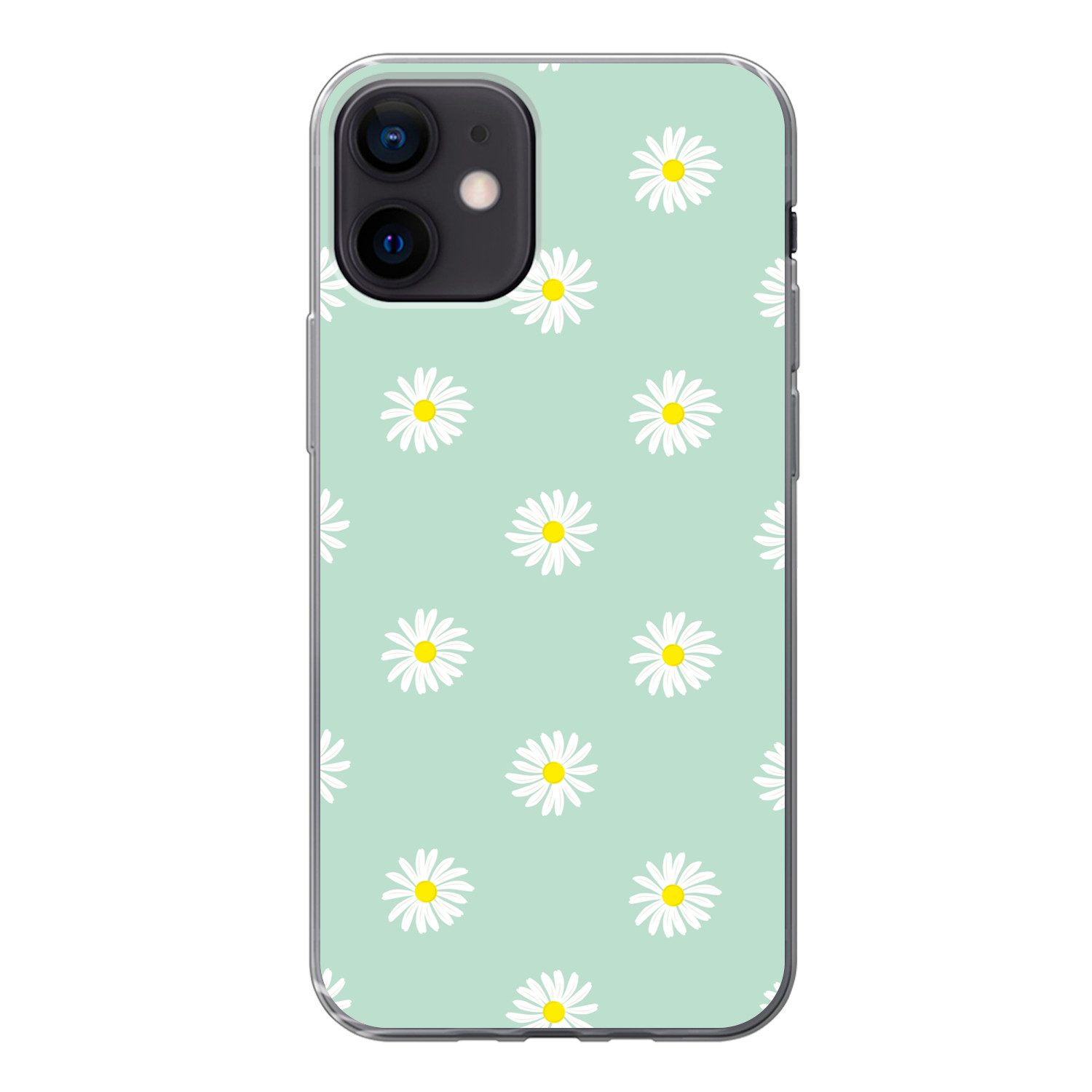 MuchoWow Handyhülle für Apple iPhone 12 Gänseblümchen - Pastell - Weiß - Grün - Florales M, Smartphone-Bumper, Print, Handy Schutzhülle Dünn
