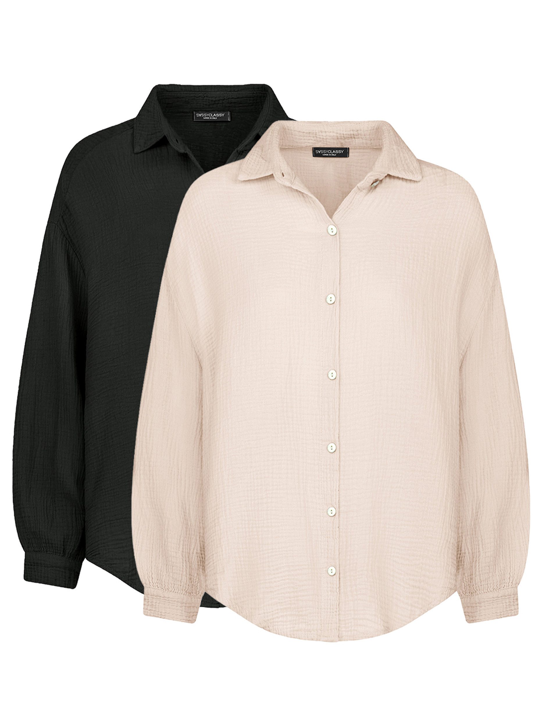 SASSYCLASSY Longbluse Musselin Blusen Set für Damen Gemütliche Baumwollblusen mit Perlmuttknöpfen Hellgrün-Hellbeige