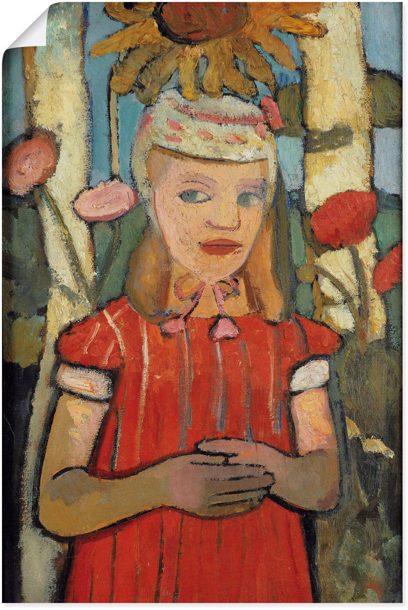 Artland Wandbild Mädchen in rotem Kleid vor Sonnenblume., Bilder von Kindern (1 St), als Alubild, Leinwandbild, Wandaufkleber oder Poster in versch. Größen