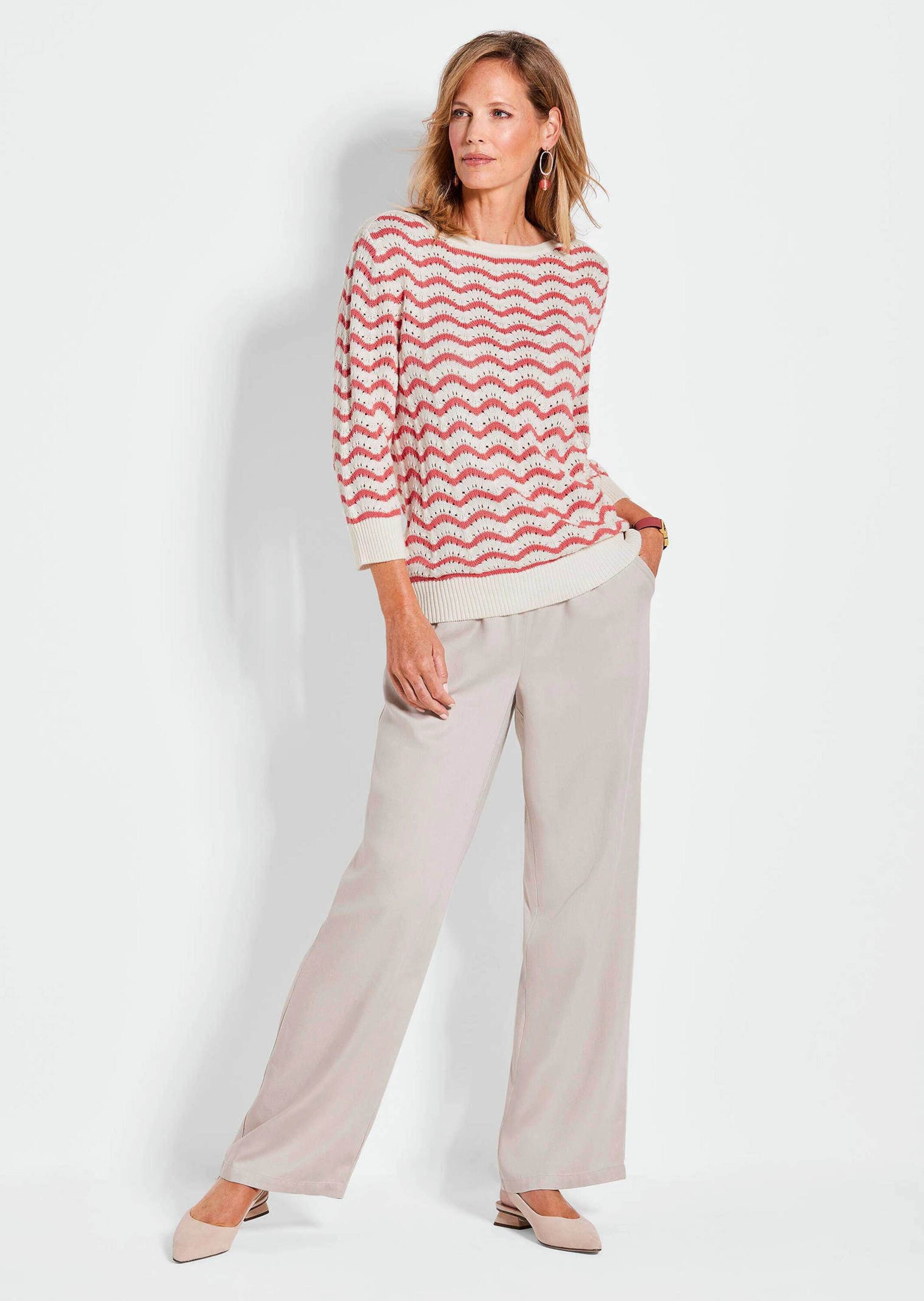 GOLDNER Strickpullover Ringelpullover mit 3/4-Arm und Ajourdetails Feines Strickoberteil aus Baumwollmix mit U-Boot-Ausschnitt