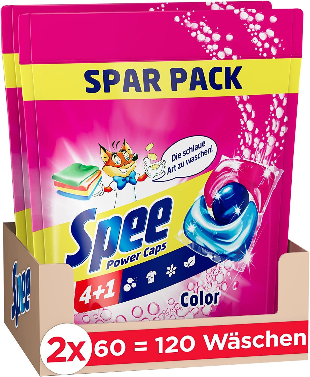 Spee Power Caps 4 + 1 Colorwaschmittel (Spar-Pack, [120-St. für Buntwäsche & Dunkles, vordosiertes Waschmittel vereint Reinheit Frische & Nachhaltigkeit)