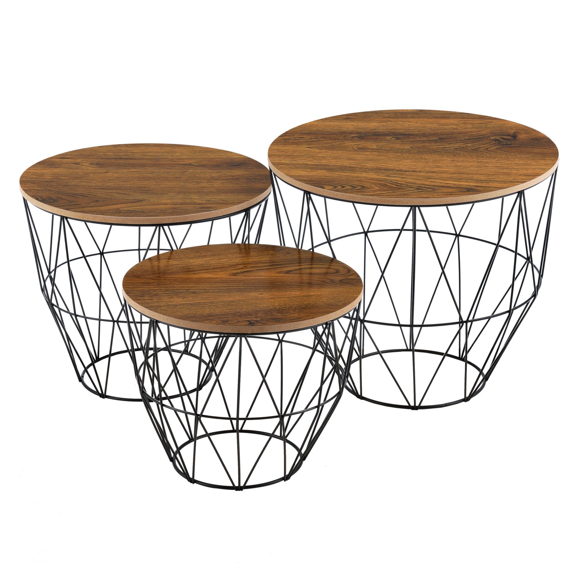 en.casa Beistelltisch, »Padua« Couchtisch-Metallkörbe in 3er Set Eiche antik
