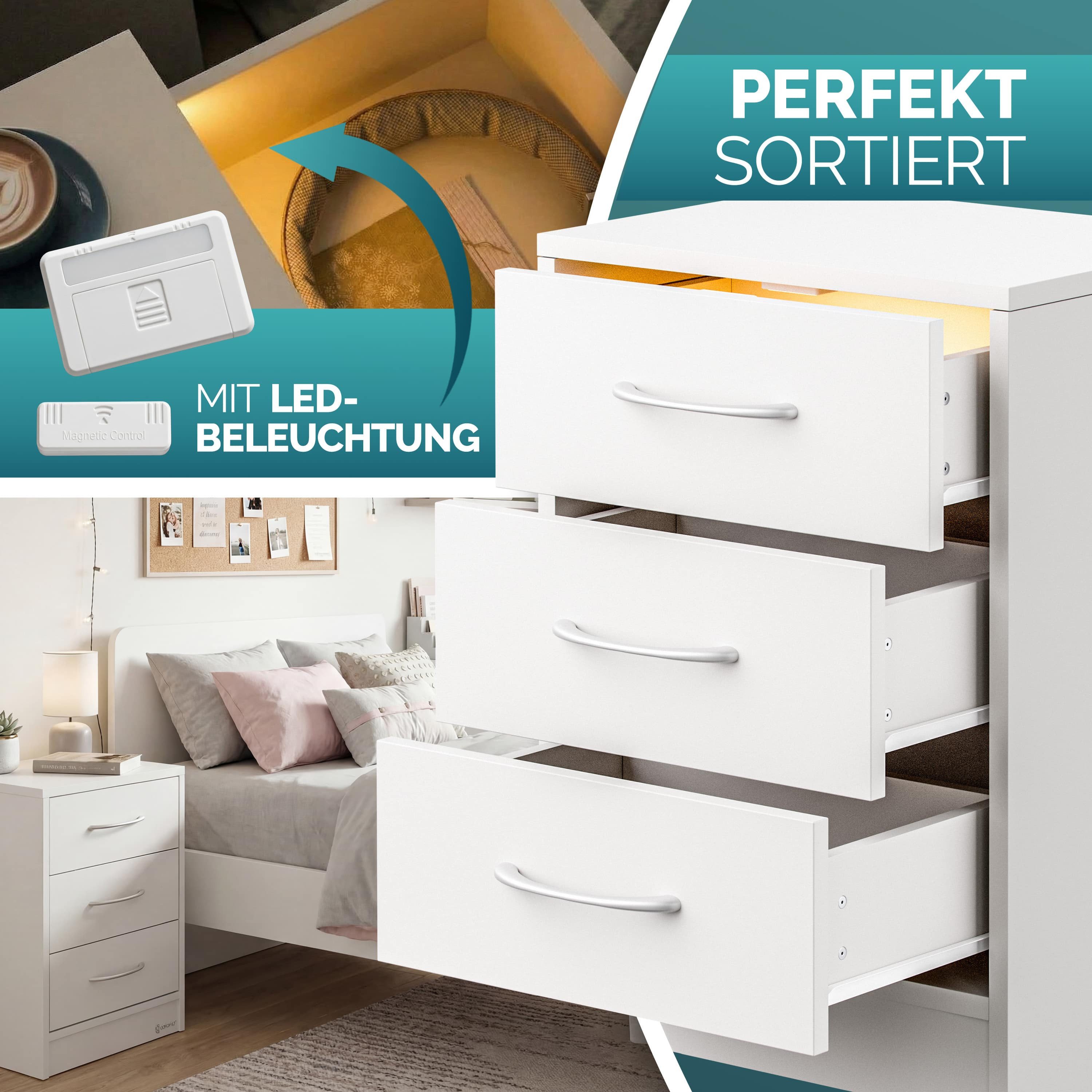 Casaria Nachttisch Eloise (1-St), mit LED 3 Schubladen Kabelführung Wandbefestigung Boxspringbett