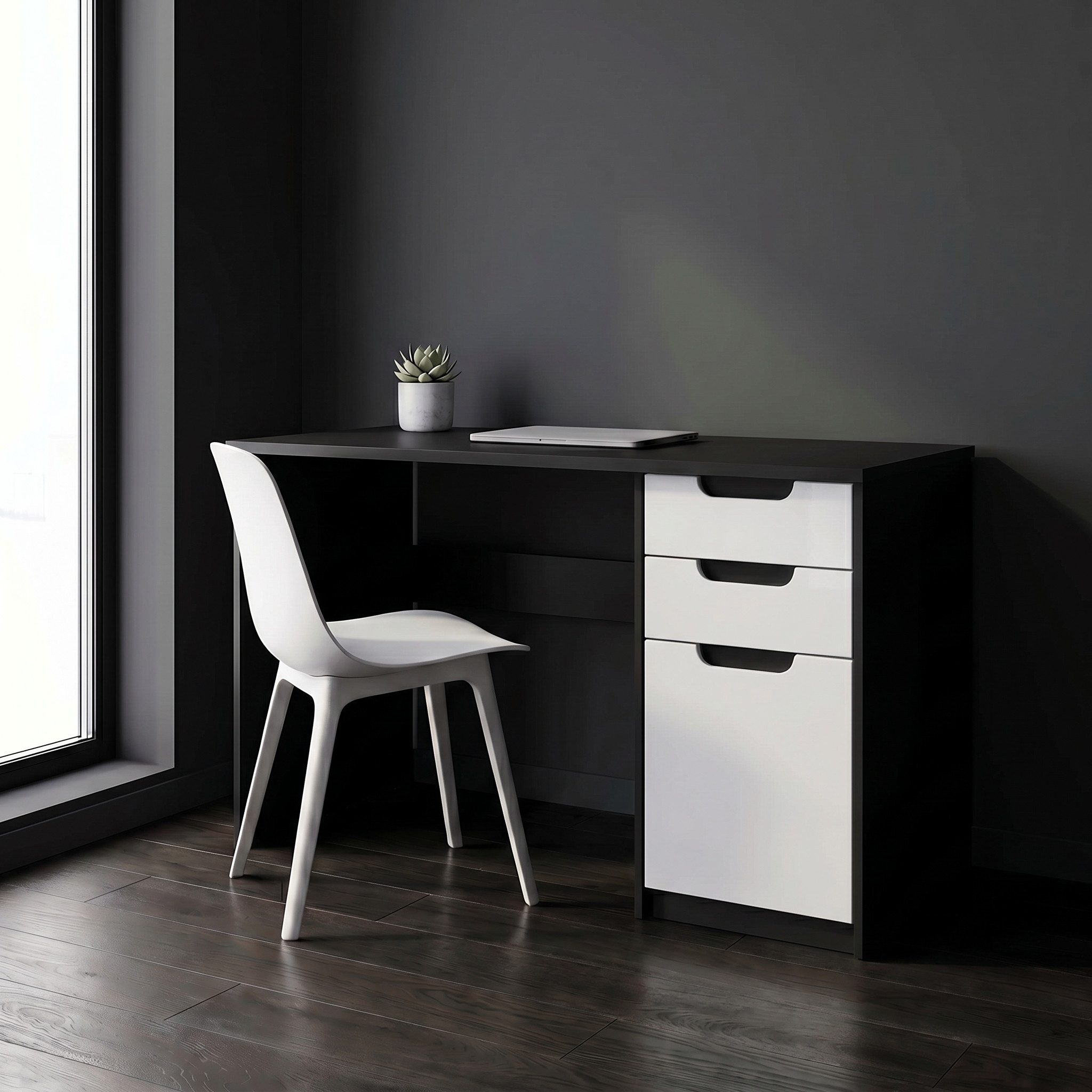 Vladon Schreibtisch Logan (Bürotisch, mit 2 Schubladen und 1 Tür), Schwarz matt/Weiß matt (129 x 76 x 60 cm)