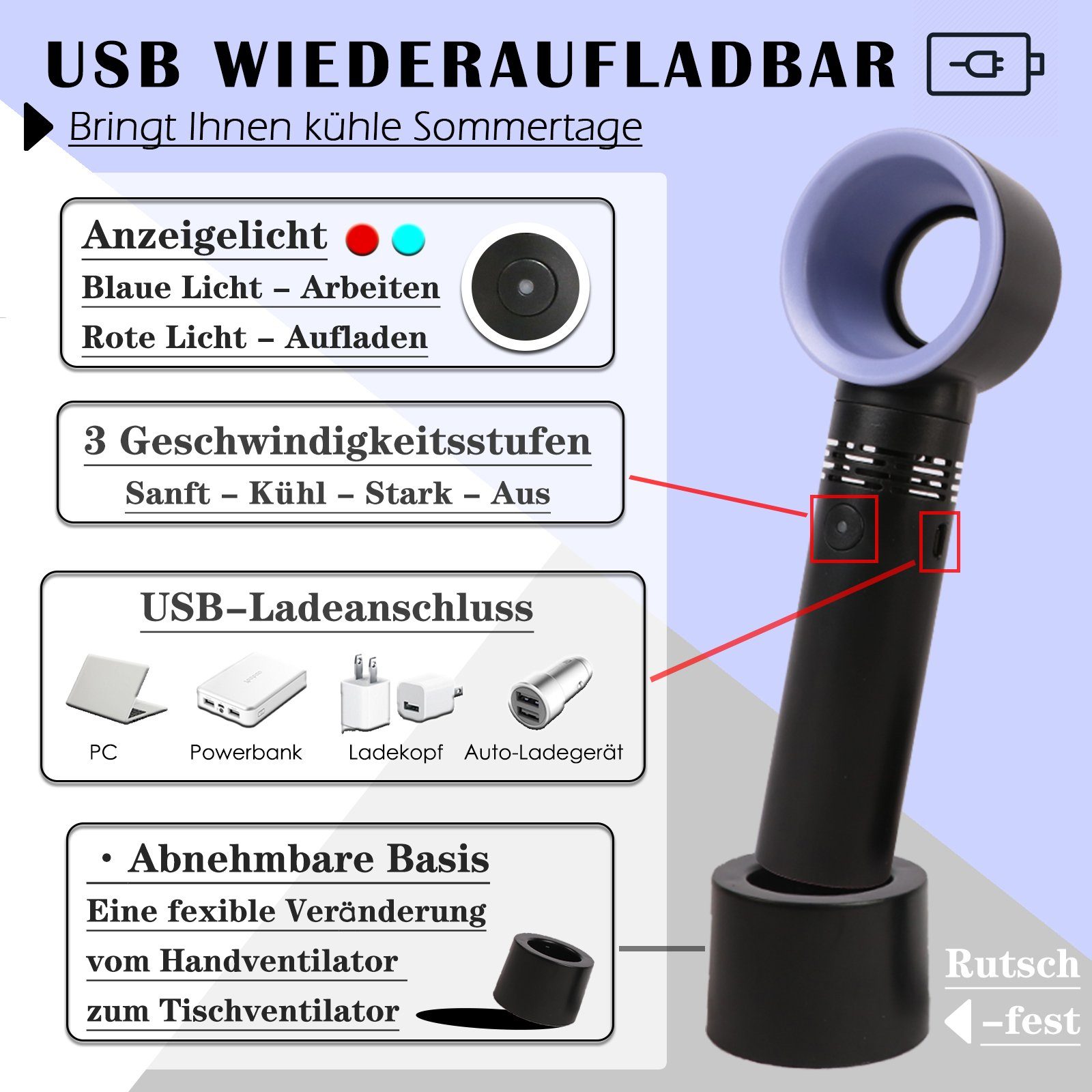 2er Tempo Blattloser Handventilator, KAHOO USB-Ventilator USB-Ventilator, 3 Mini Schwarz+Schwarz