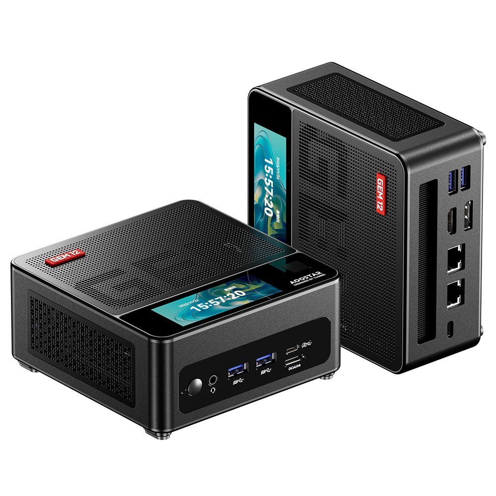 AOOSTAR GEM12 Pro Max mit Display, Fingerabdruck -Entsperrung, AMD Ryzen 7 Mini-PC (AMD, 32GB DDR5 RAM 1TB SSD, HDMI + DP + 2*USB4 Vier-Bildschirm-Display)