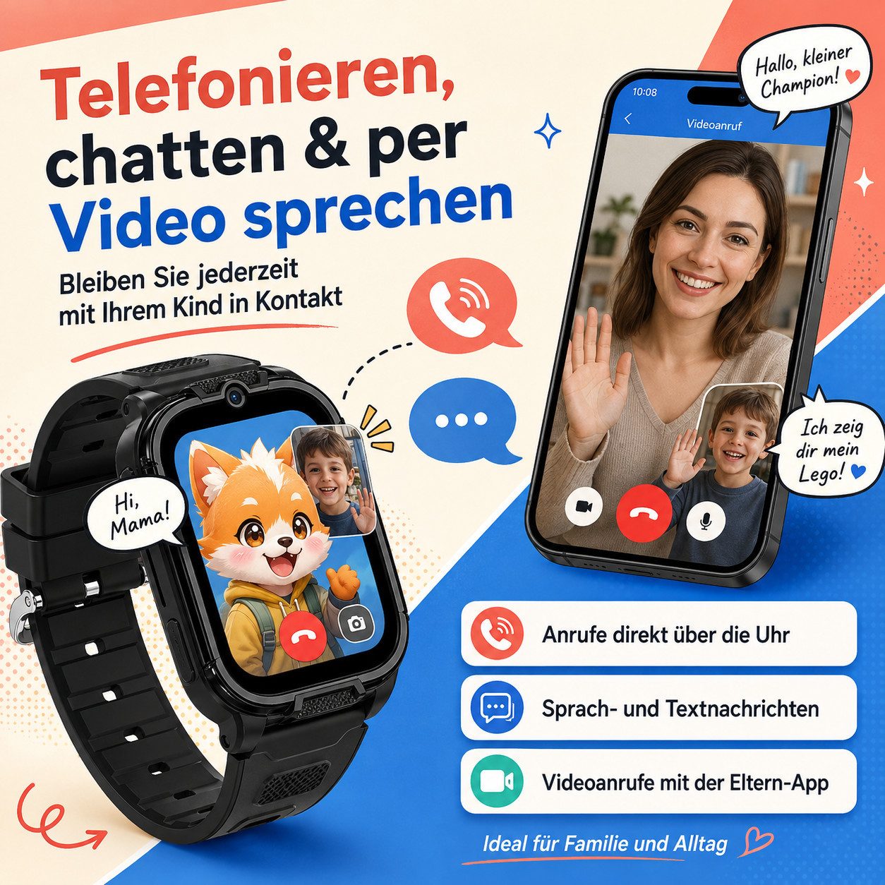 ibettertec Smartwatch Kinder Kinderuhr 4G mit GPS, Telefonfunktion, Smartwatch (4.6 cm) Videoanruf und SOS, Kinder Smartwatch mit Eltern-App, Klassenmodus, Schrittzähler und Wecker, Fitnessuhr für Jungen und Mädchen Kinderuhr