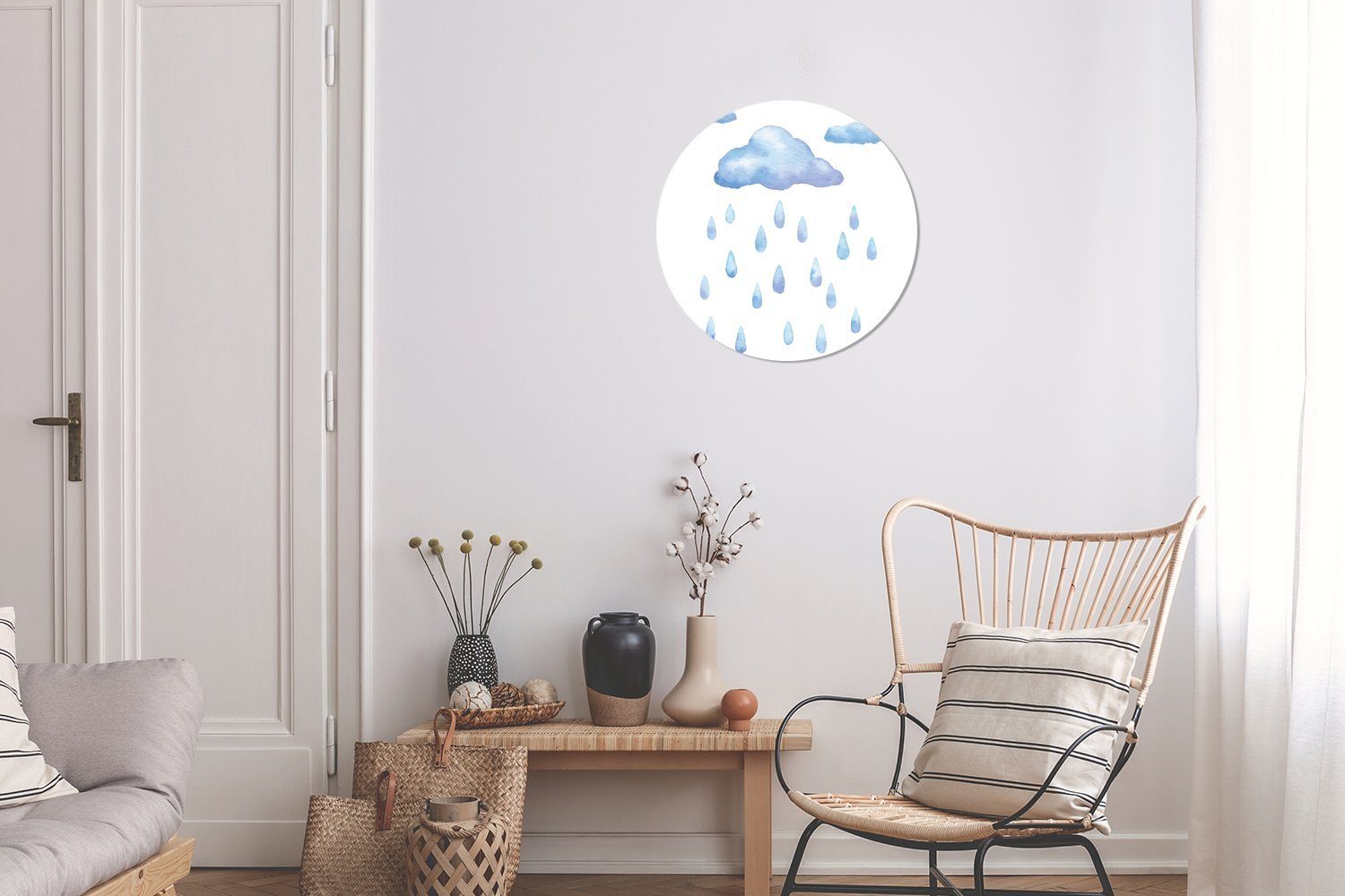 einer MuchoWow Regentropfen Wolke Rund, Tapetenkreis (1 Wandsticker St), Wohnzimmer für mit Tapetenaufkleber, Kinderzimmer, Illustration Eine