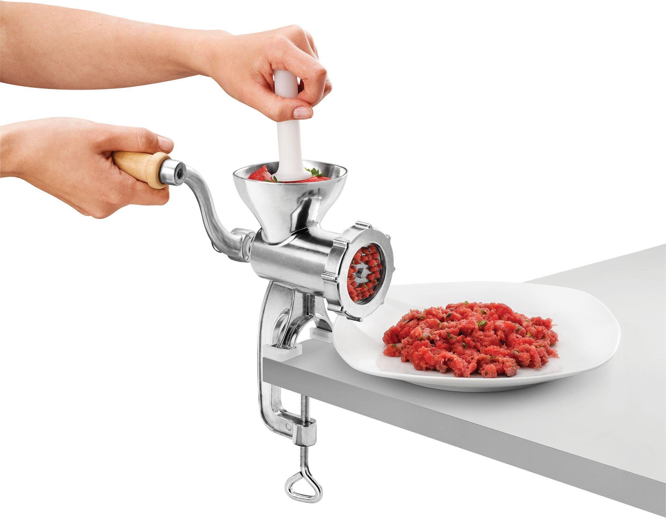 Metaltex Fleischwolf Jack Alu Grösse 5, mit Spritzgebäckaufsatz, Wurstfülltrichter, Stößel, H. 25cm, T. 14,5cm