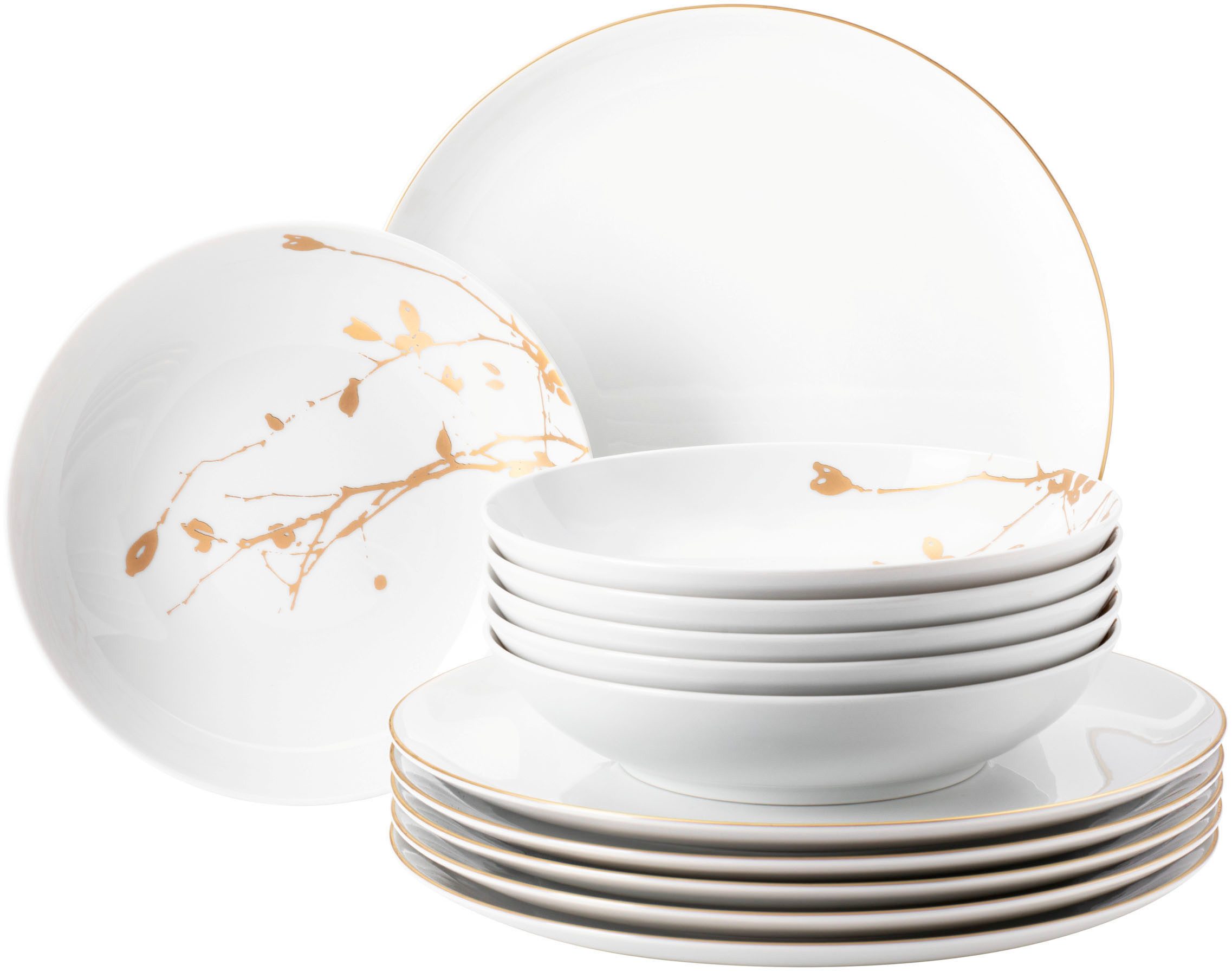 Seltmann Weiden Tafelservice Geschirr-Set, 12 Teile, Liberty Golden Rose Hip (12-tlg), 6 Personen, Porzellan, Geschirr, Teller Set, gold, Made in Germany, 12 Teile, für 6 Personen