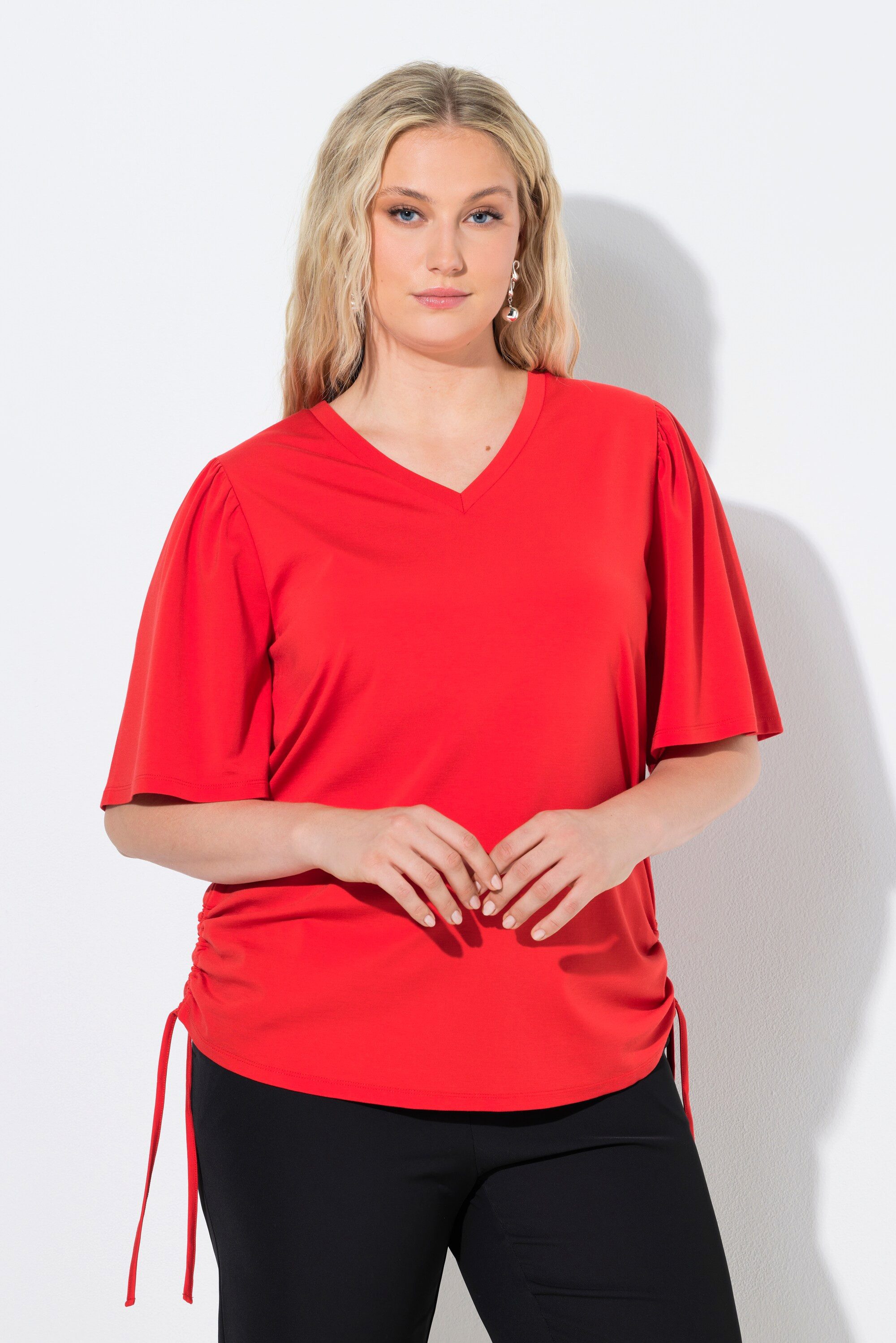 Ulla Popken T-Shirt T-Shirt Raffbänder V-Ausschnitt Flügel-Halbarm