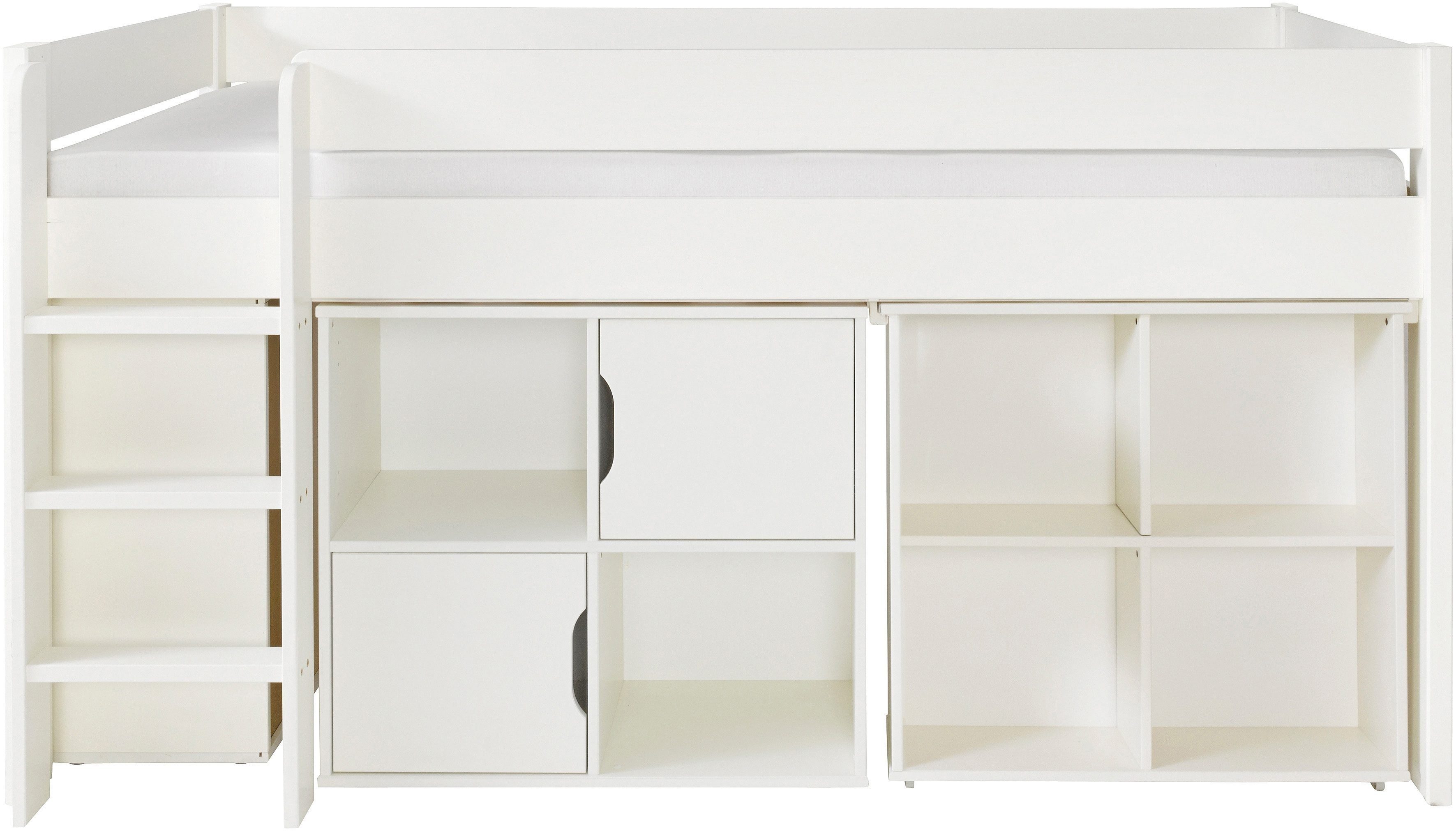 Lüttenhütt Hochbett "ROBIN " Massivholz, viel Stauraum, seitenverkehrt montierbar (4-tlg), inklusive Schreibtisch und zwei Kommoden