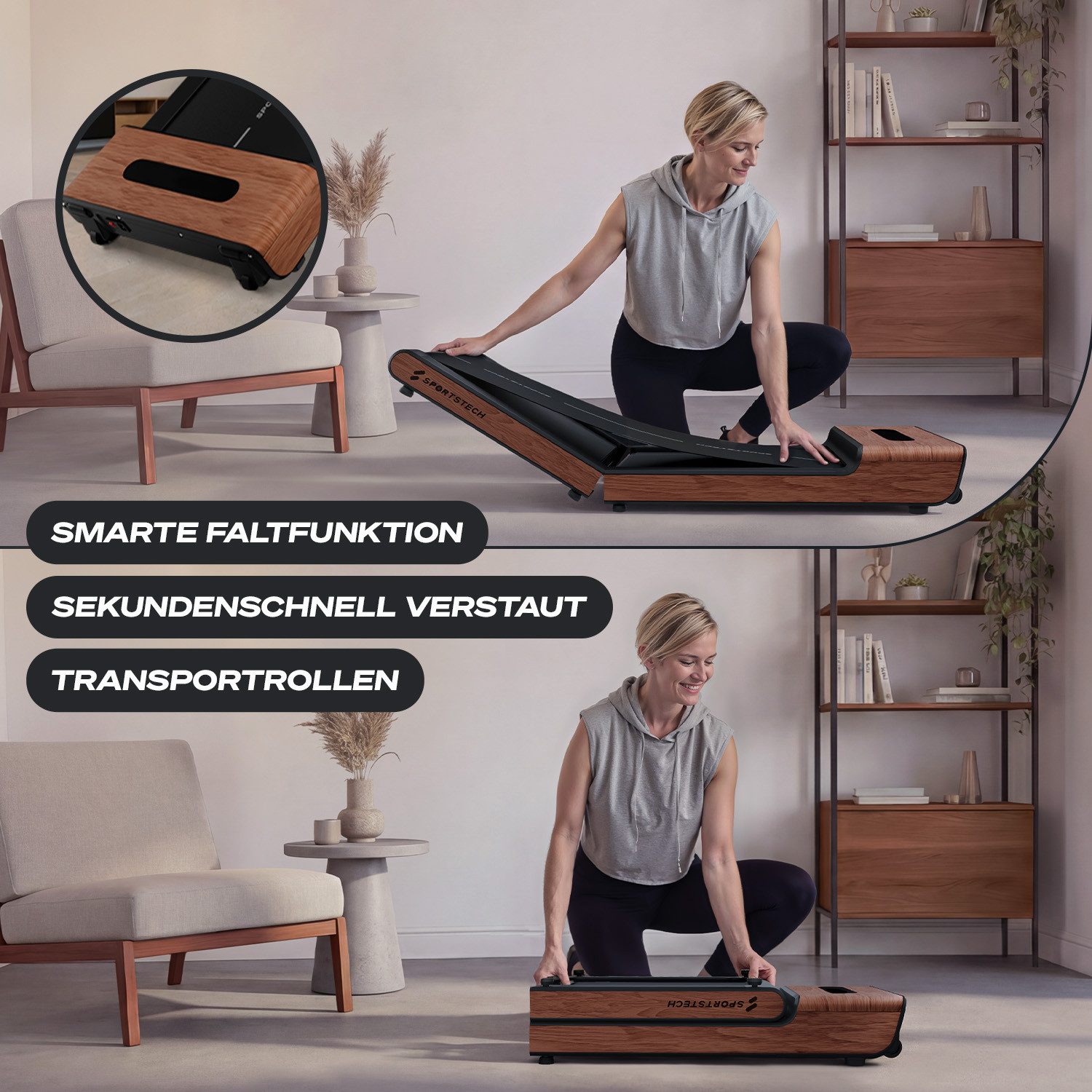 Sportstech Laufband WoodPad Pro, Geschwindigkeit bis 8 km/h, klappbar, Echtholz, App kompatibel