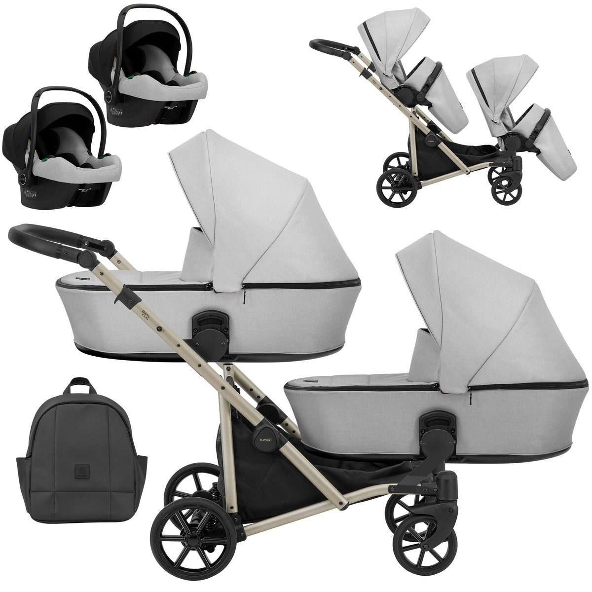 KUNERT Zwillings-Kombikinderwagen BRAV DUO 3 in 1 Doppelkinderwagen mit 2x Cosmo Babyschalen Cream, 12 Konfigurationen, leichtes Aluminiumgestell, große Ablagefächer