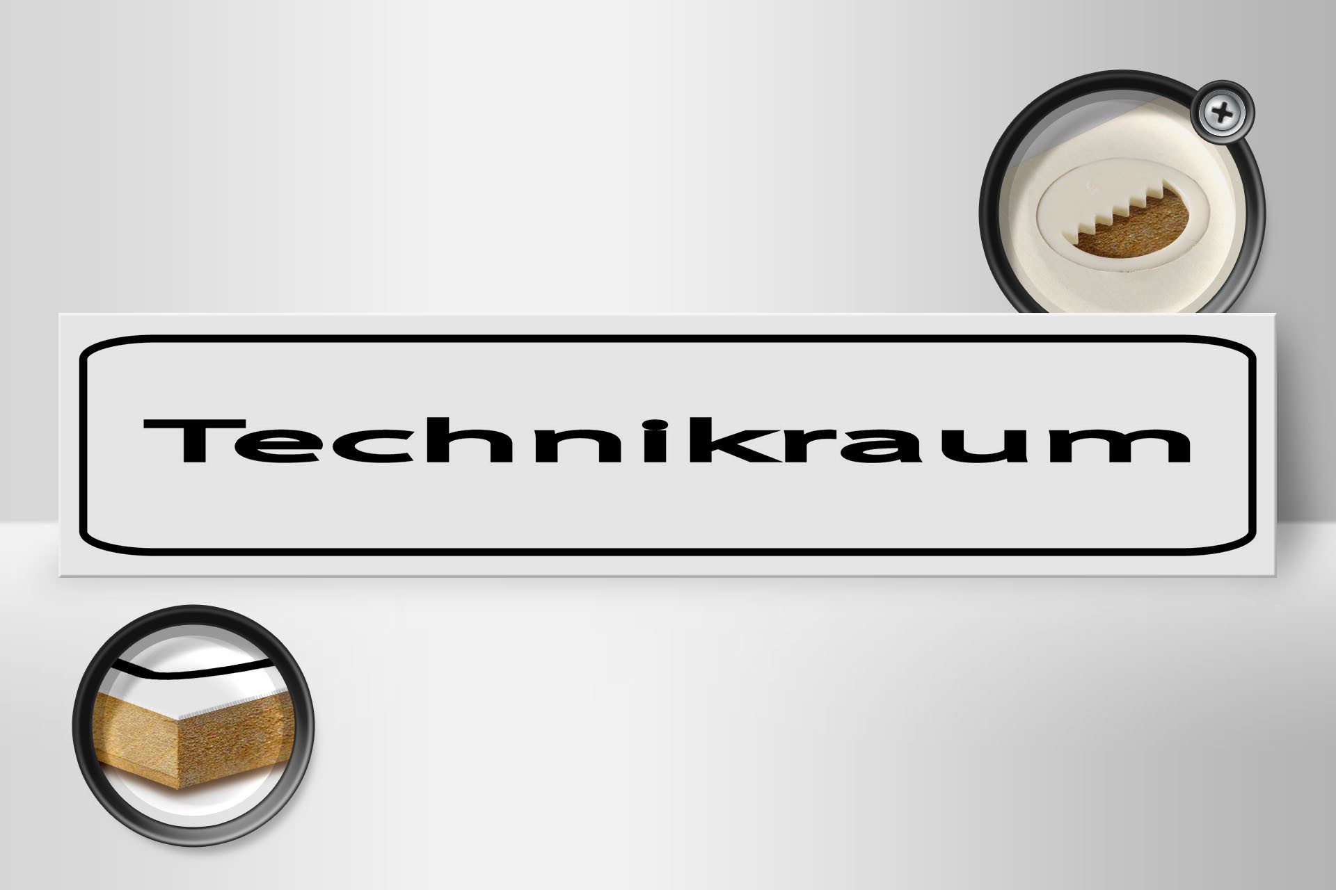 Femer GmbH Holzbild Hinweis 46x10 cm Technikraum weißes, (1 St), Glatte Holzfaserplatte (MDF), vorn beschichtet
