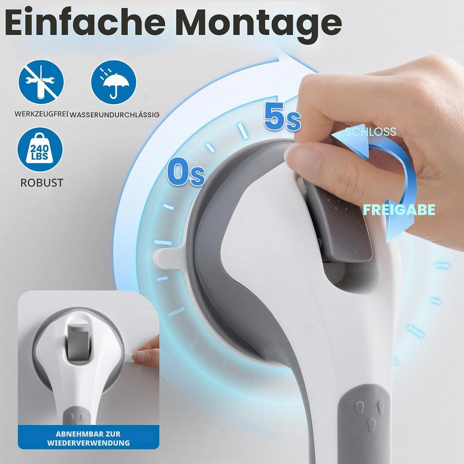 FELIXLEO Haltegriff Duschgriff 31cm Saugnapf ohne Bohren Senioren Badewanne 110kg – Bild 3 von 5