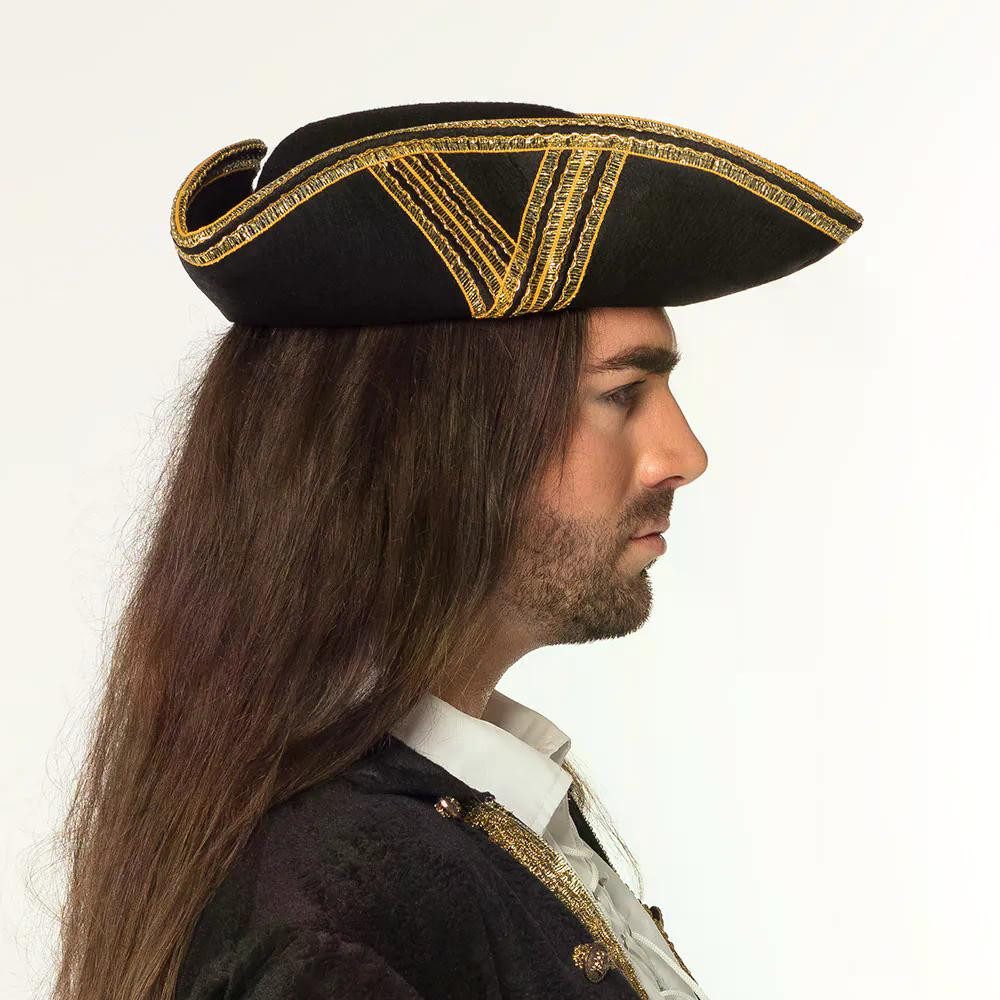 Boland Piraten-Kostüm Piratenhut Royal Fortune schwarz edler Dreispitz für Piraten 59 cm, Detailreiche goldene Zierborten für einen edlen Look