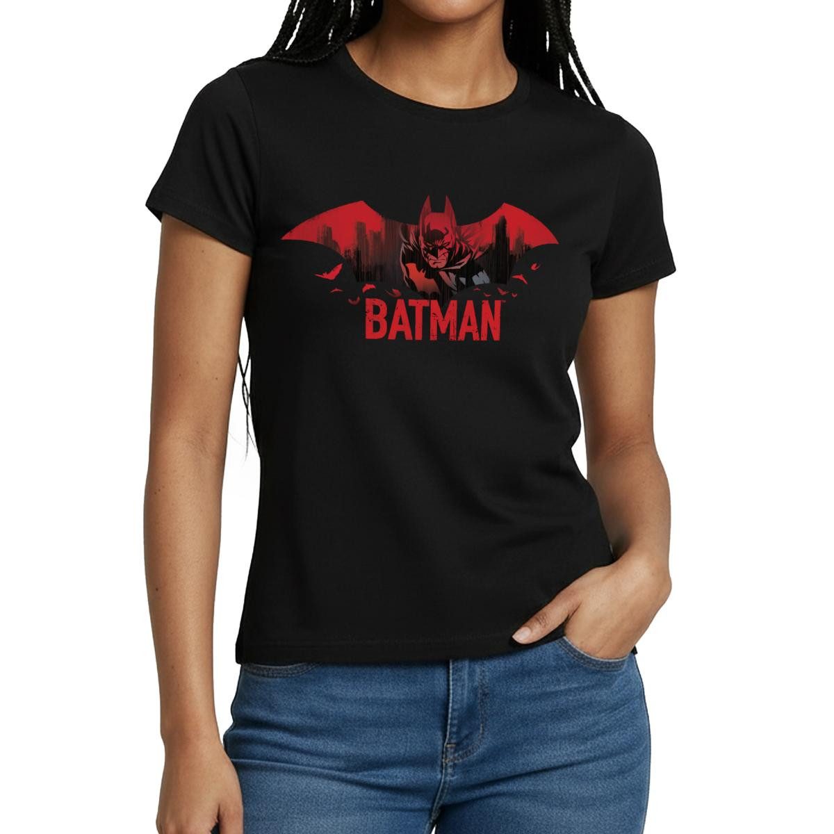 T-Shirt Batman Mit Fledermäusen Und Rotem Batman-Logo Frauen T-Shirt