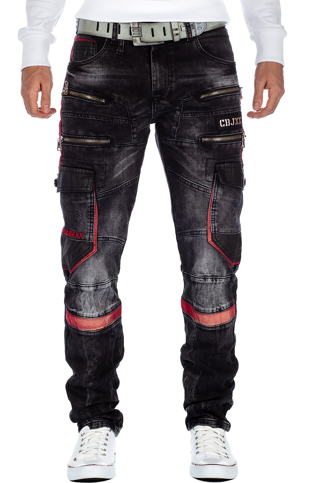 Cipo & Baxx Bikerjeans Herren Hose BA-CD561 mit roten Teilbereichen im Cargo Stil schwarz