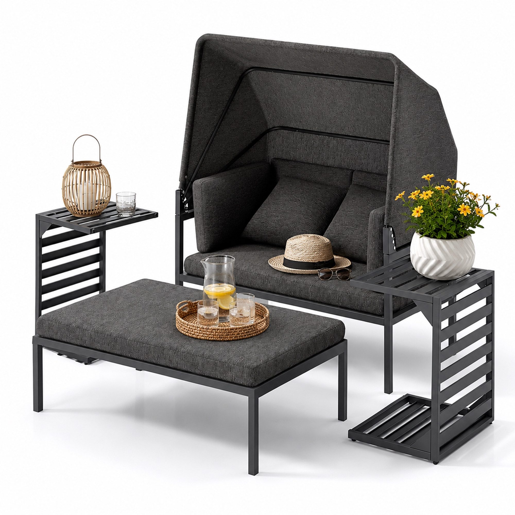 Mucola Strandkorb Relaxinsel mit Dach Gartenliege Aluminium Sonnenliege wetterfest, BxTxH: 160x8x8 cm, (wetterfest, resistent gegen Regen, Salzwasser und intensive Sonneneinstrahlung, 4-tlg., inkl. 2 extra dicke und weiche Kissen inkl. Reißverschluss), 2 Beistelltischen und verstellbarem Sonnendach für angenehmen Schatten