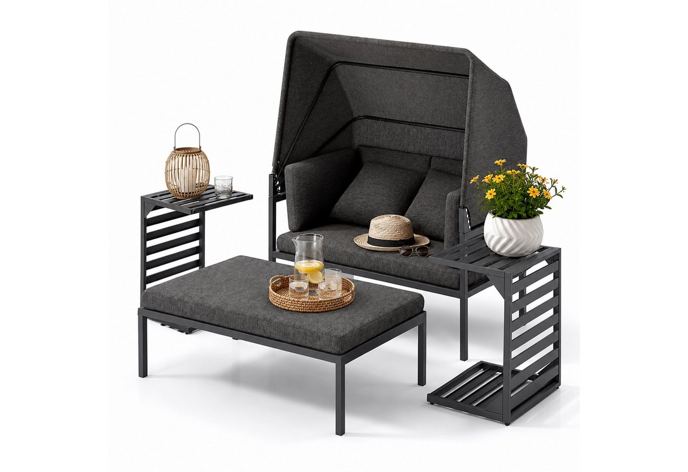 Mucola Strandkorb Relaxinsel mit Dach Gartenliege Aluminium Sonnenliege wetterfest, BxTxH: 160x8x8 cm, (wetterfest, resistent gegen Regen, Salzwasser und intensive Sonneneinstrahlung, 4-tlg., inkl. 2 extra dicke und weiche Kissen inkl. Reißverschluss), 2