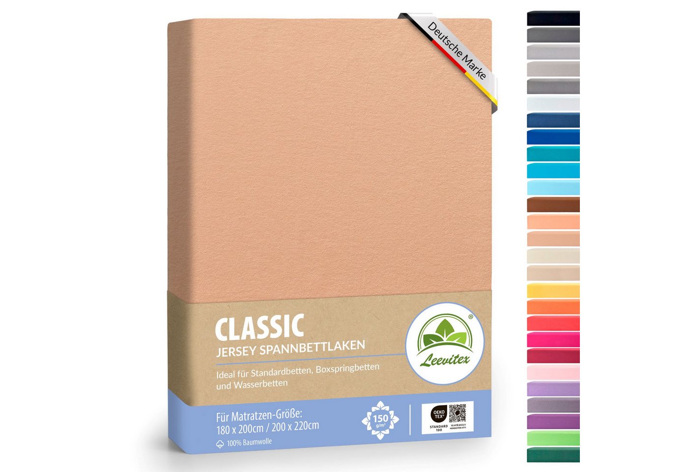 leevitex® Spannbettlaken 180x200 - 200x220 cm, 40 cm Steghöhe, Stoffdicke 150 g/m², Jersey, Gummizug: rundum, (1 Stück), OEKO-TEX® Standard 100 Zertifikatsnummer 10.HTR.85321 zertifiziert