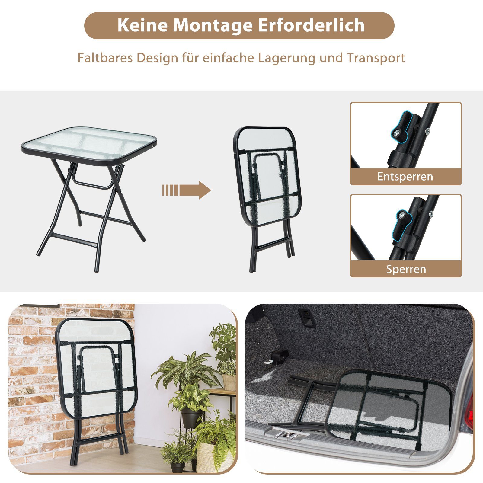 COSTWAY Bistrotisch Gartentisch, quadratischer, aus gehärtetem Glas