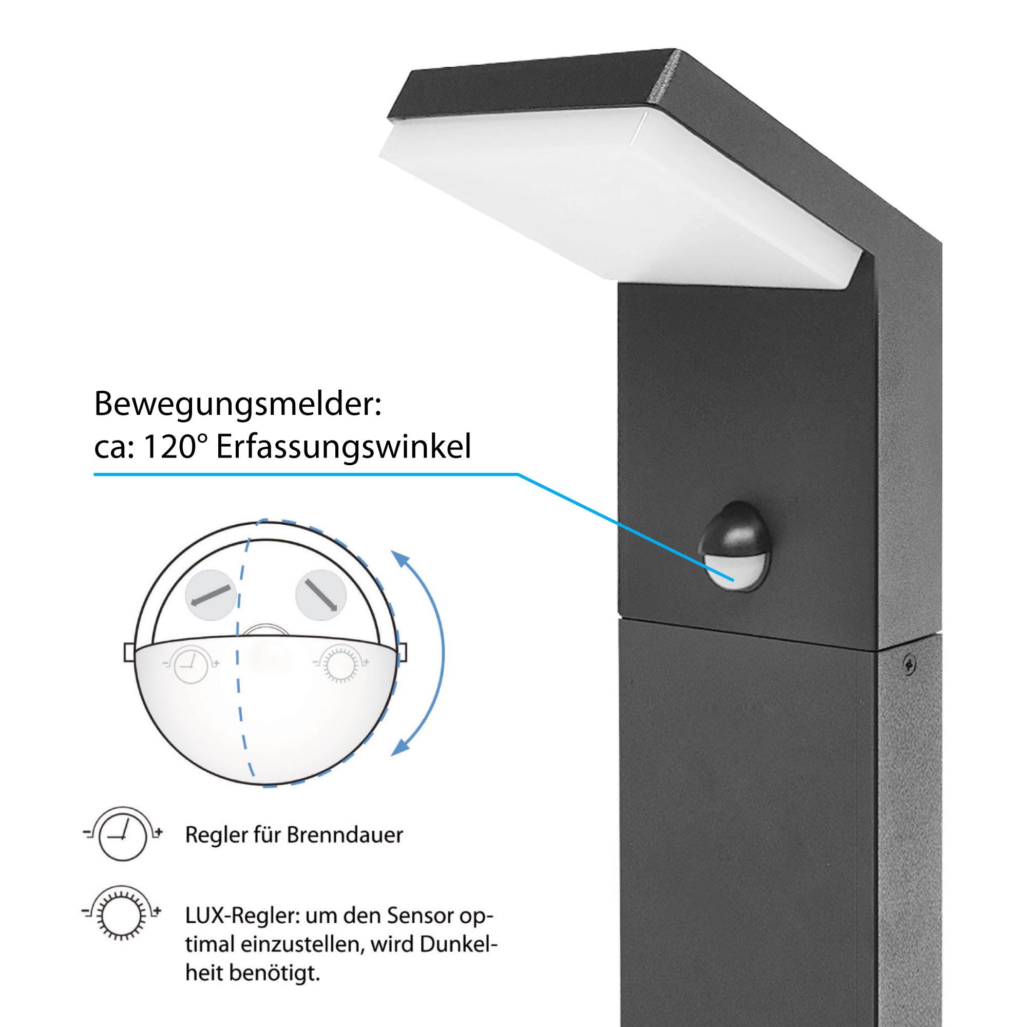 Maxkomfort LED Außen-Stehlampe mit/ohne Bewegungsmelder, 9W Warmweiß 3000K, mit Bewegungsmelder, LED fest integriert, Außenstandleuchte für Garten & Wege - IP44 Aluminium