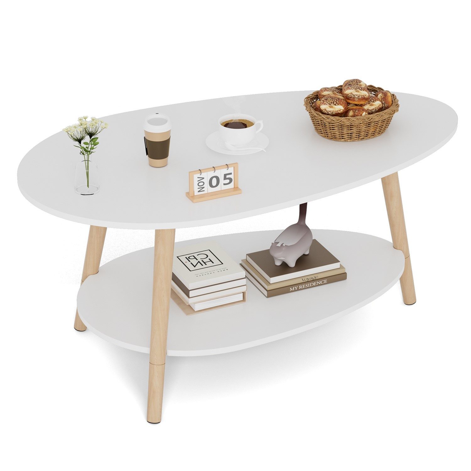 FiveWillowise Couchtisch Massivholz Teetisch Oval Doppelschicht (1-St), Weißer Couchtisch & Seitentisch für das Wohnzimmer