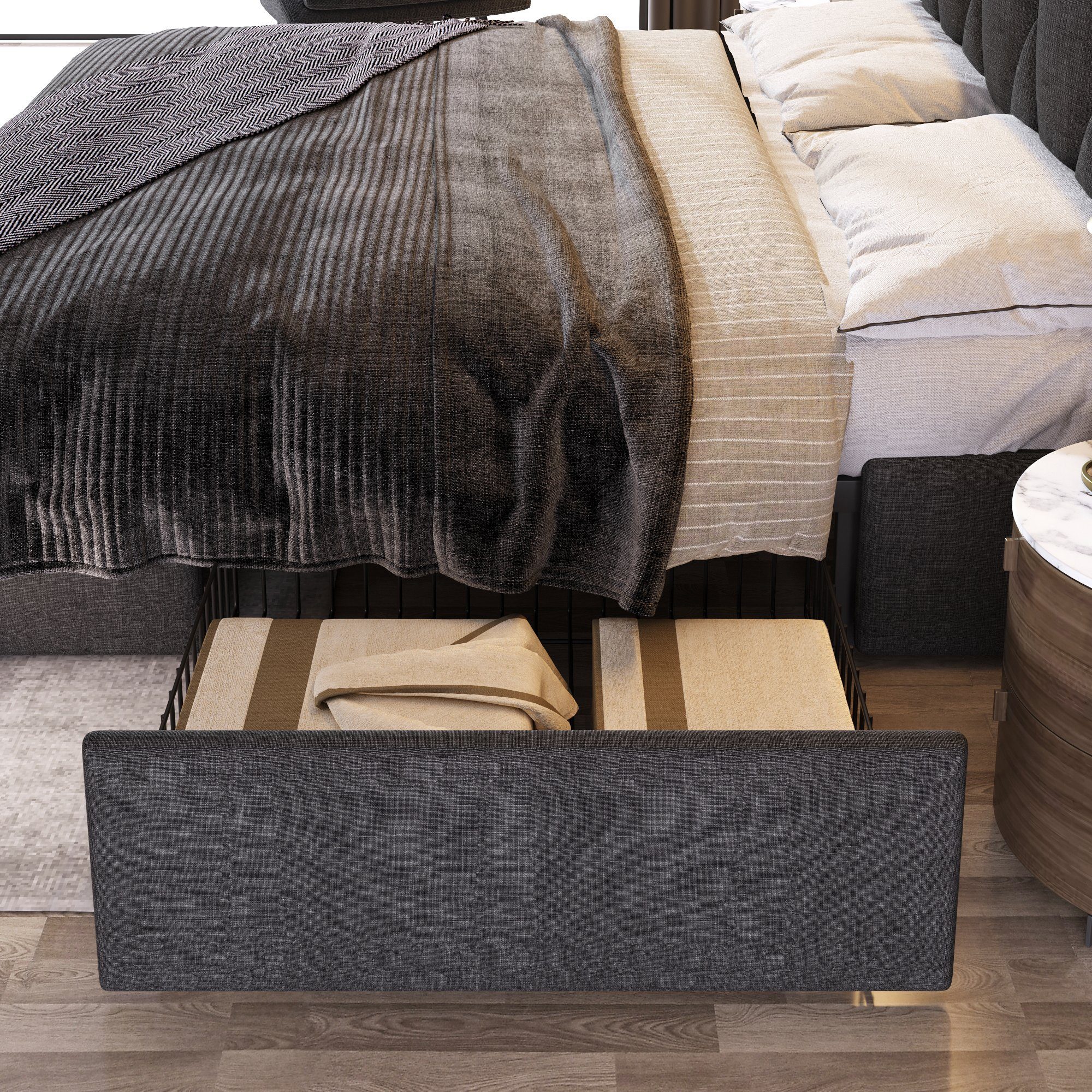 Polsterbett (Doppelbett Stauraumbett 140x200cm mit Lattenrost), mit Steckdose & USB Ladefunktion Kopfteil und 4 Schubladen, Leinen