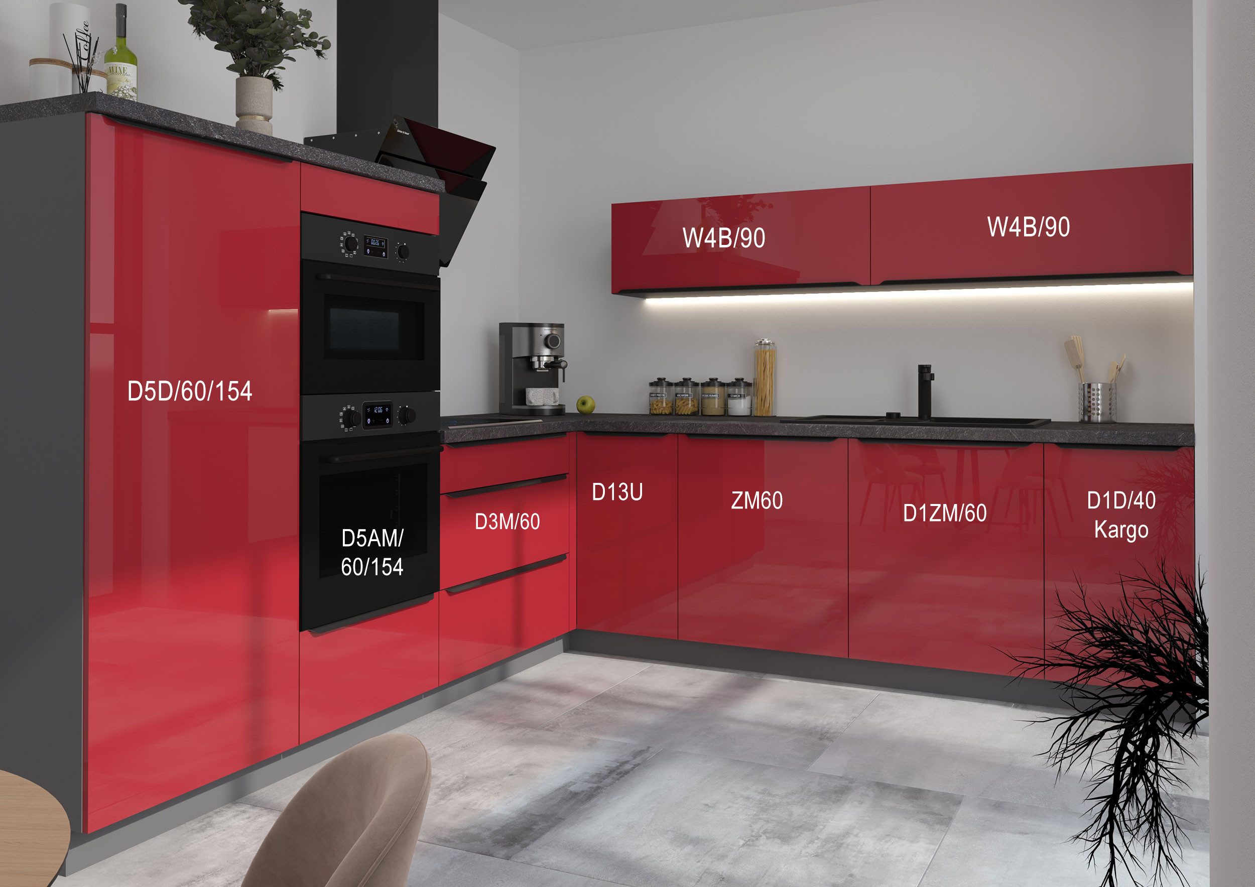 Feldmann-Wohnen Winkelküche Brerra, (Blum Teilauszug, Gasdruckdämpfer), 244,5x265cm lava / rubinrot Hochglanz, 9-teilig