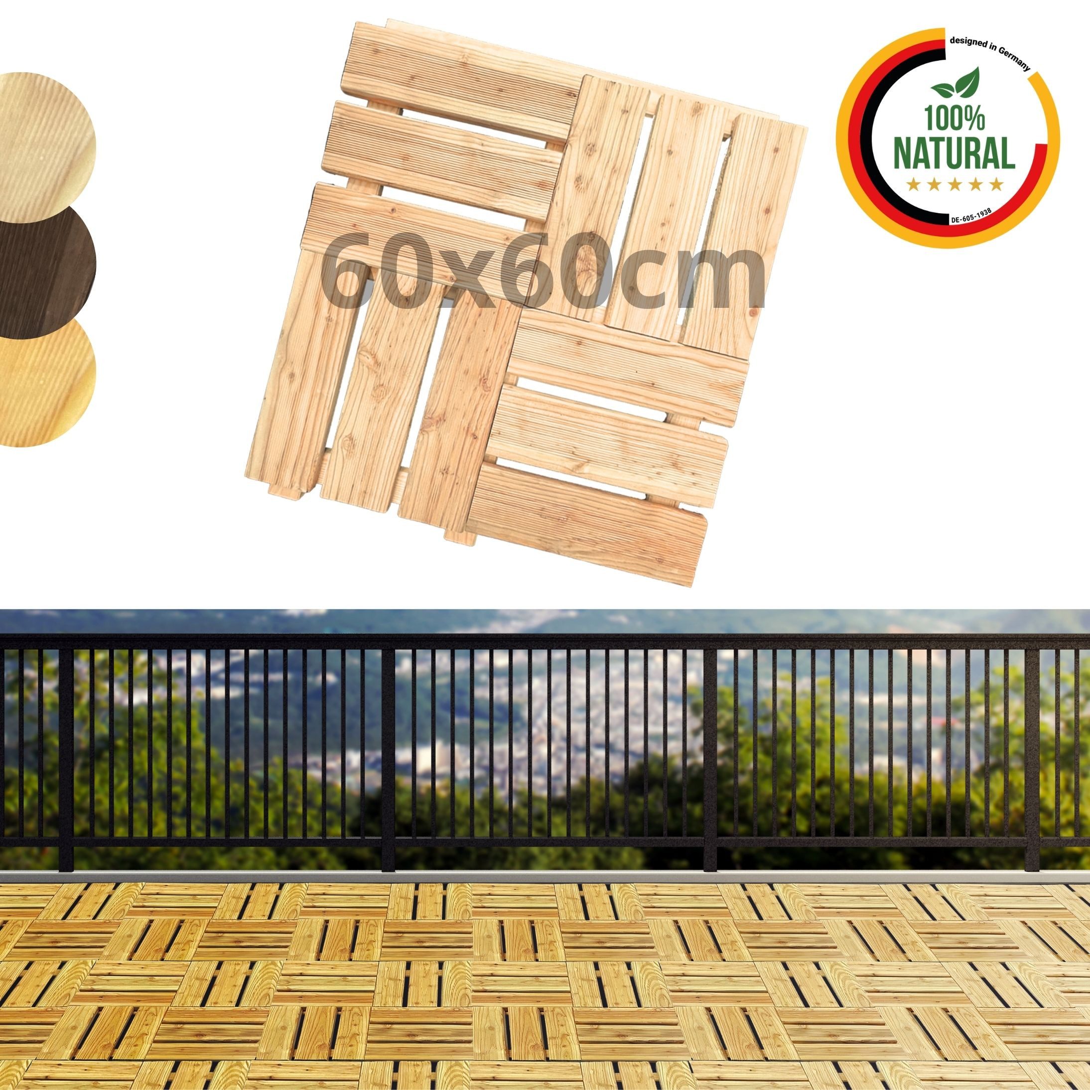 Floranica Trittsteine Holzfliese Terrassenfliese Massives Lärchenholz Balkonfliesen, 60x60 cm, Natur, 1-St., Fein Geriffelt Bodenbelag mit Drainage Balkon-Bodenbelag für Outdoor
