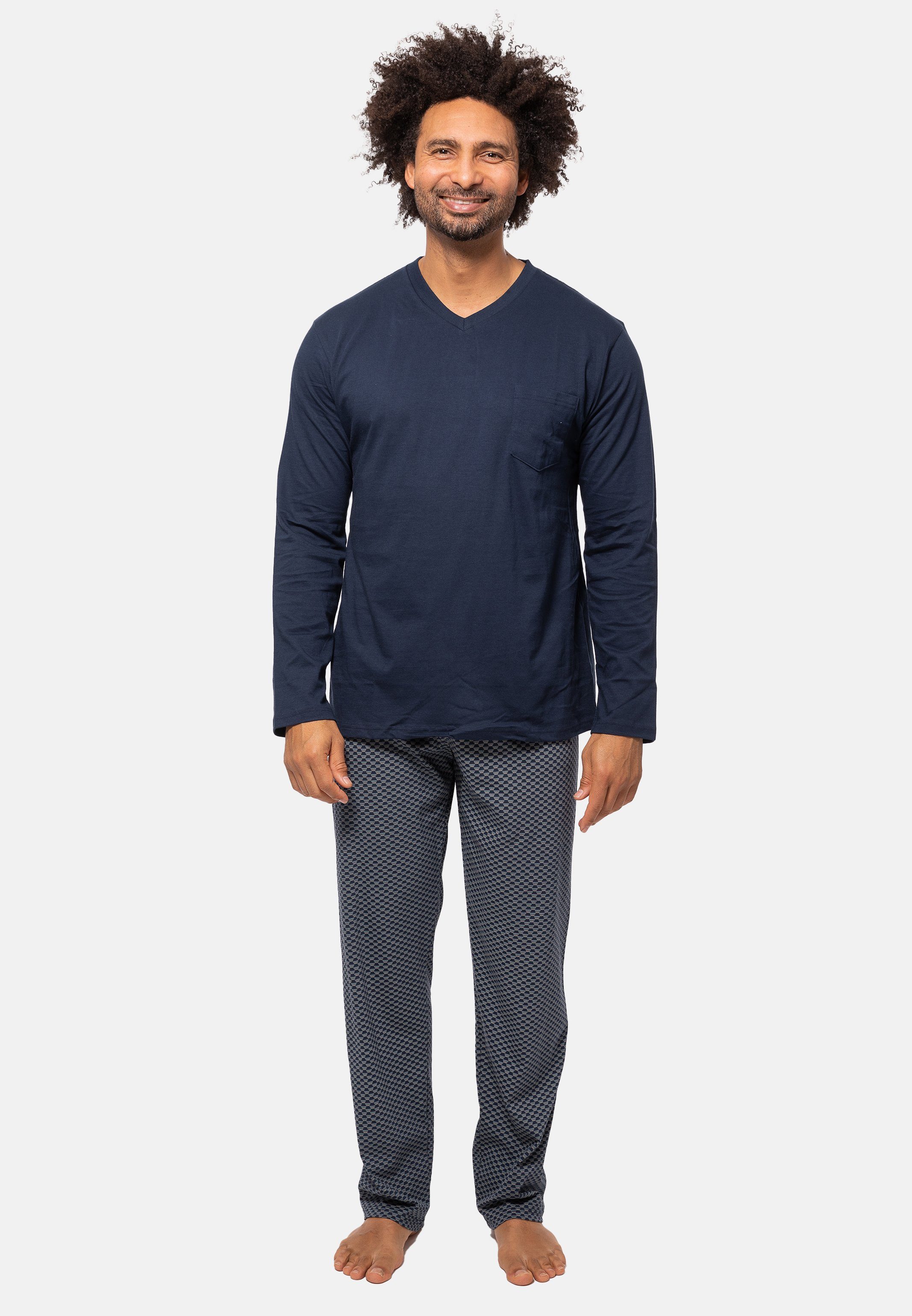 Ammann Pyjama Organic Cotton (Set, 2 tlg) Schlafanzug - Baumwolle - Set aus Langarm Shirt und langer Hose Blau gemustert