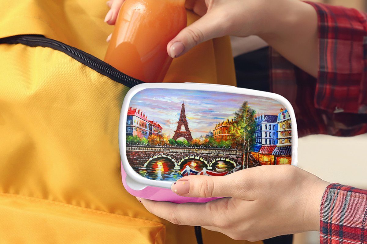 MuchoWow Lunchbox Gemälde - Öl - Brotdose Paris Mädchen, Kunststoff Eiffelturm Wasser, (2-tlg), Snackbox, rosa - für - Kinder, Brotbox Kunststoff, Erwachsene