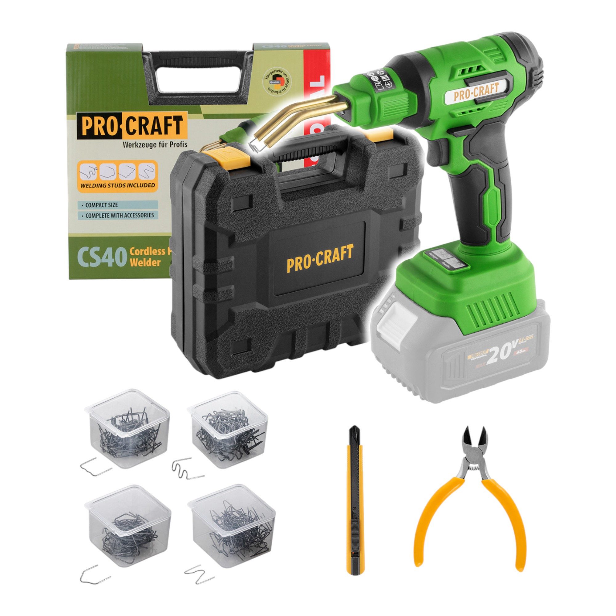 PRO CRAFT Elektroschweißgerät CS40-bb Akku Kunststoffschweißgerät 20 V 600 °C 0,7 - 1,1 A + Koffer