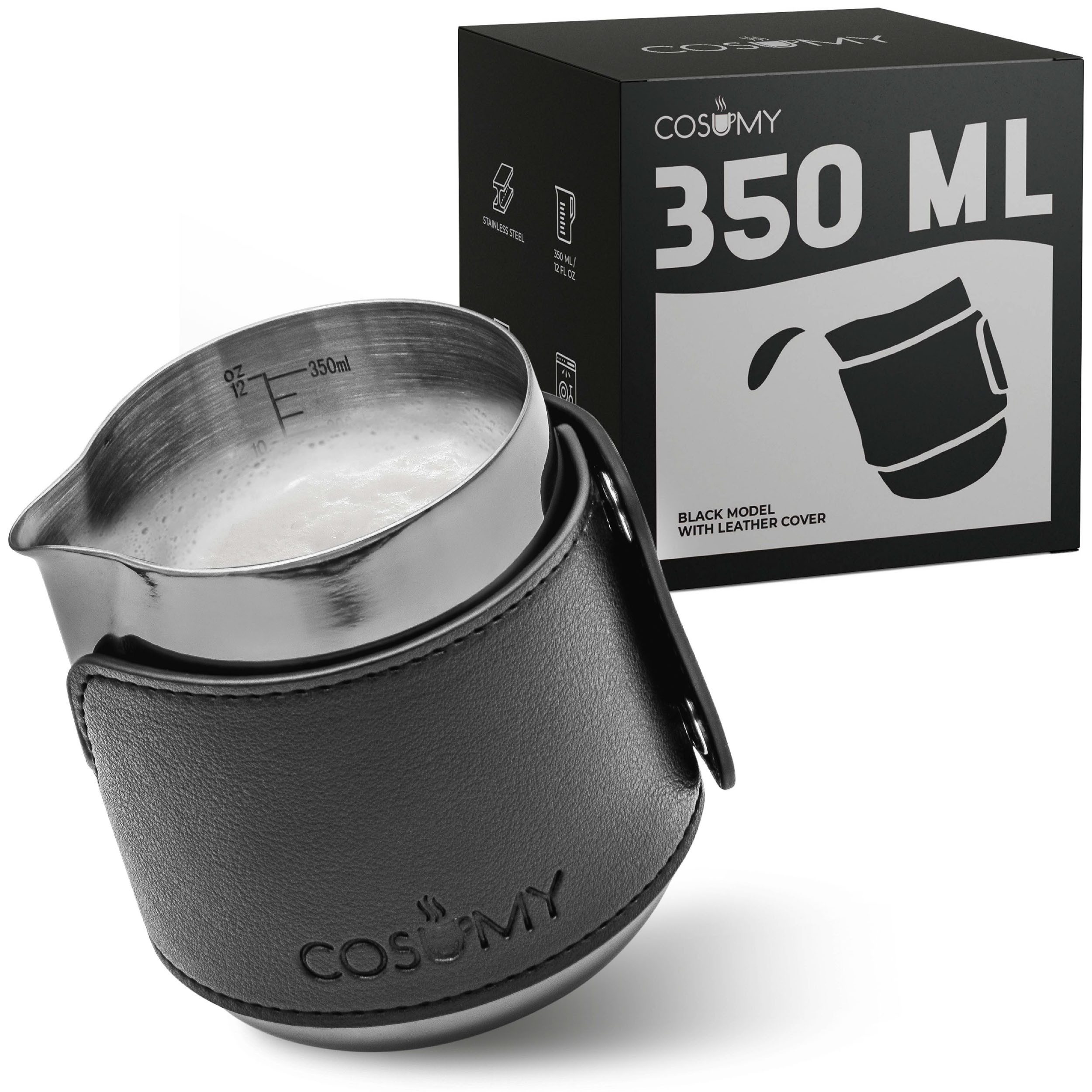 Cosumy Milchkännchen Barista Milchkännchen Edelstahl 350ml mit Lederhülle, 350 l, (Set, 1-St), Griffloses Design - Messskala im Inneren