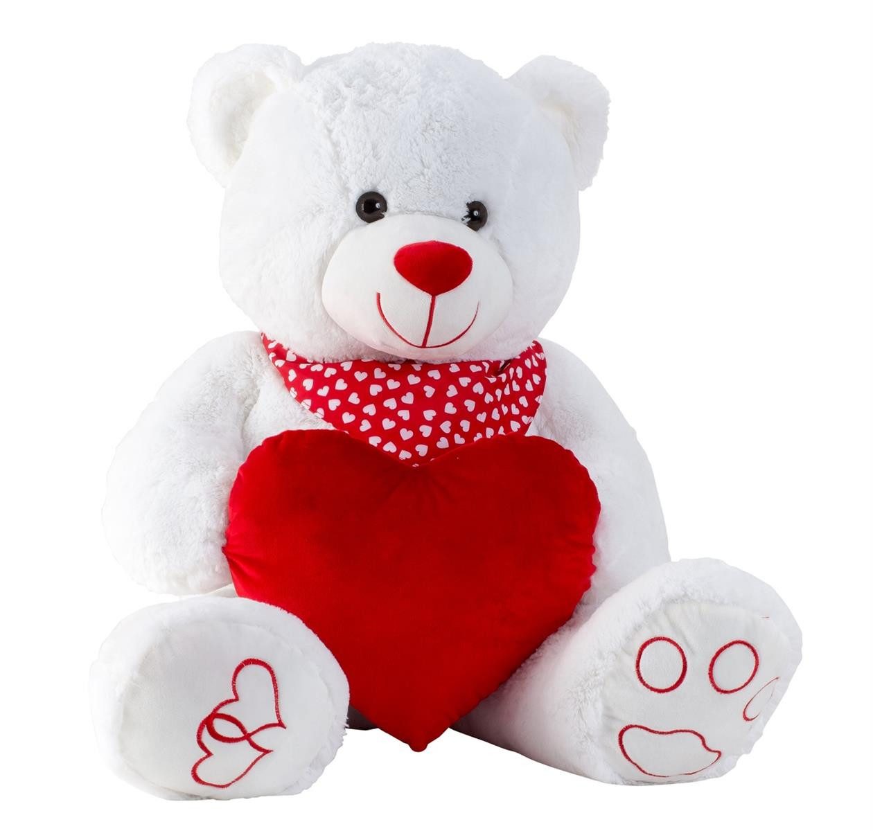 Geschenkestadl Plüschfigur XXL Teddybär mit Herz & Halstuch – Weiß – riesig kuschelig, 100 cm (1-St., Teddybär mit Herz und Halstuch), Herz, Halstuch, bestickte Pfoten