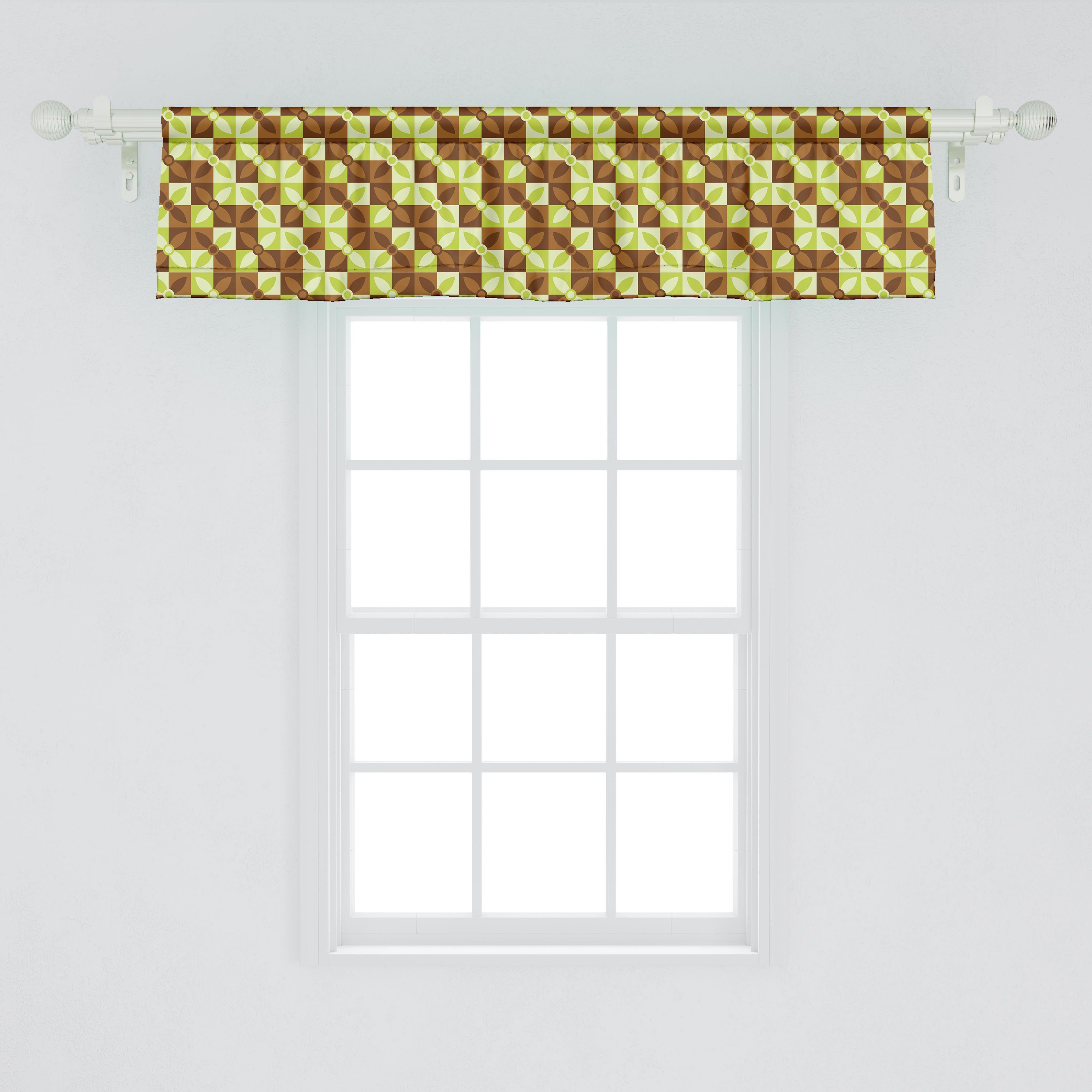 Bicolor Dekor Abakuhaus, Retro für Küche Schlafzimmer Stangentasche, Geometric Microfaser, Vorhang mit Blossoms Scheibengardine Volant