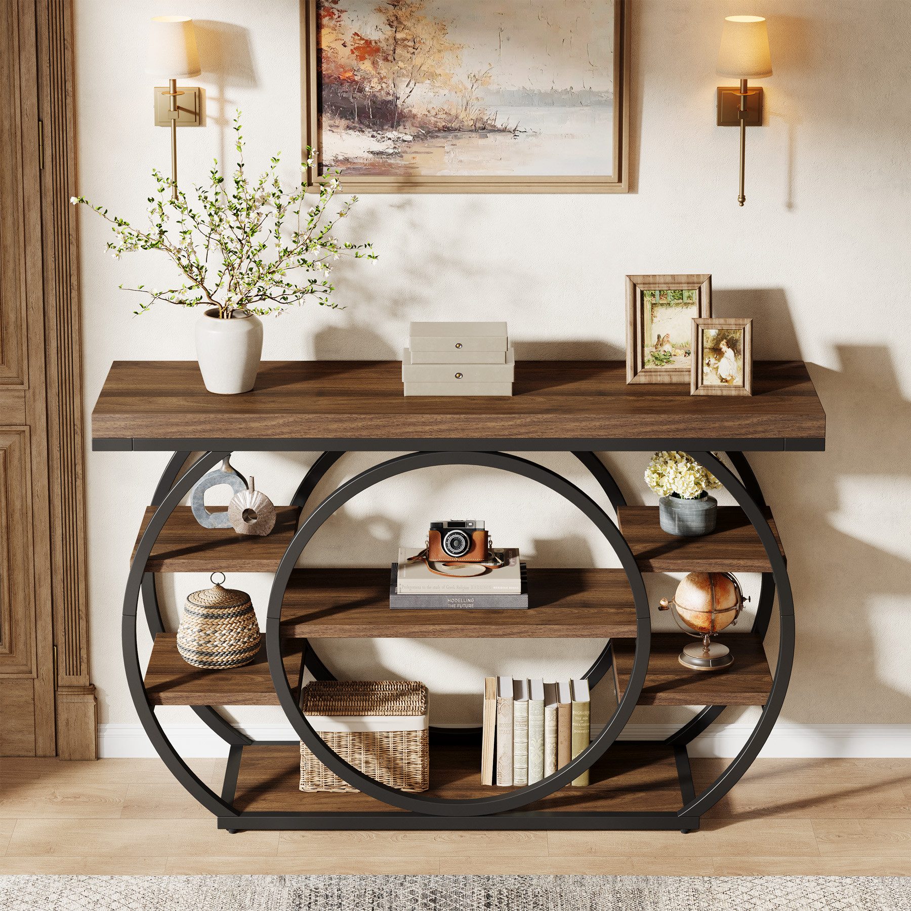 Tribesigns Konsolentisch 120cm Sofatisch, Salon-Industrietisch mit 5 Ebenen Bücherregal (Beistelltisch)