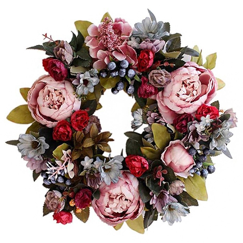 TUWENA Dekokranz Künstlicher Türkranz Dekoration, Pfingstrose Blume Haustürkranz, für Frühling und Sommer All Seasons Blumenkranz Runde Reisig