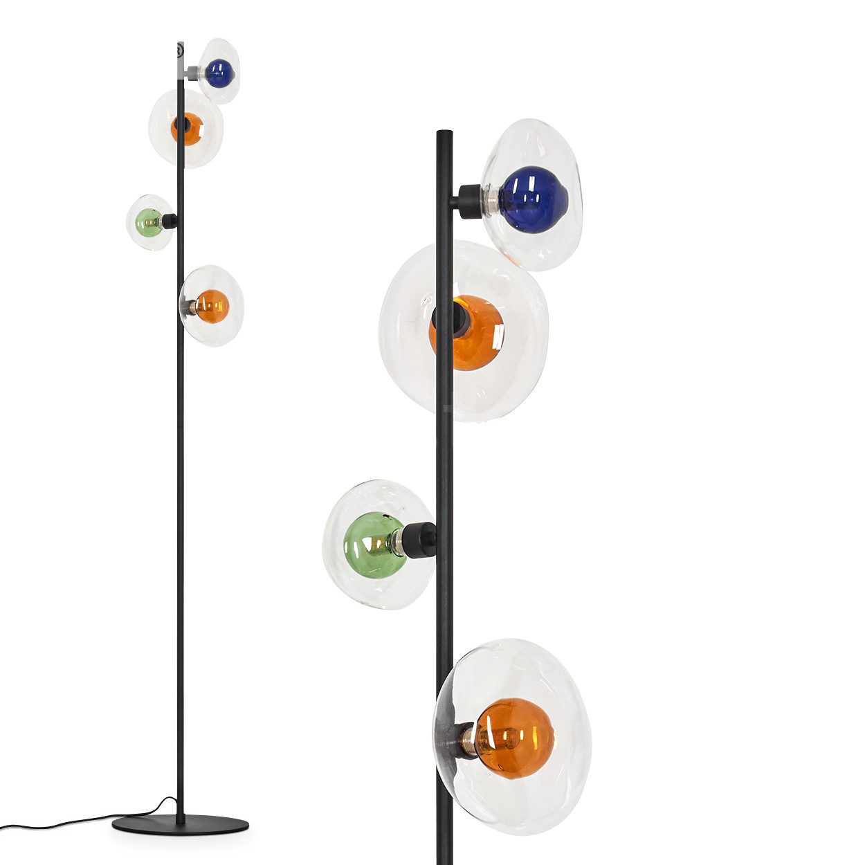 Stehlampe Stehleuchte aus Metall/Glas in Schwarz/Bernstein/Grün/Blau/Klar