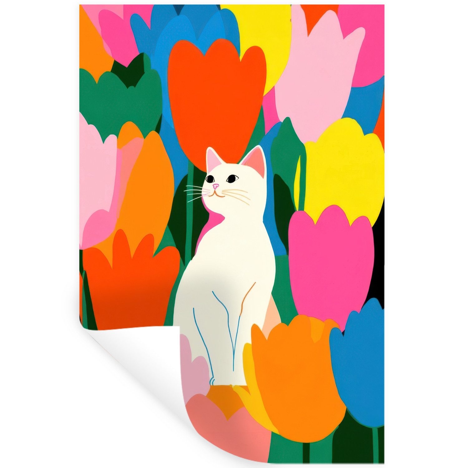 MuchoWow Wandsticker Tulpen - Katze - Farbenfroh (1 St), Wanddeko, Aufkleber, Wandtattoo, 80x120 cm