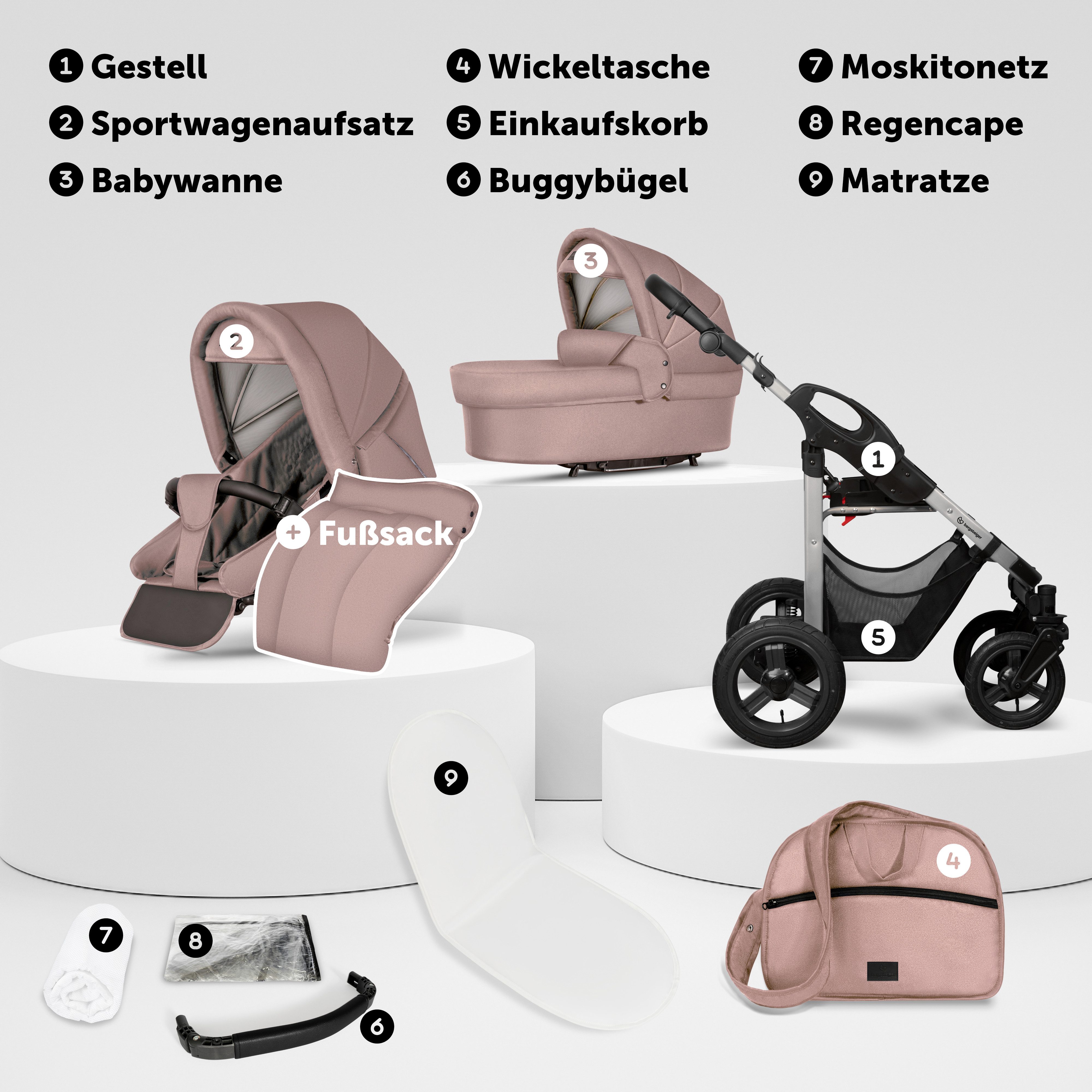 bergsteiger Kombi-Kinderwagen Babywagen Capri 3in1, Kombikinderwagen Komplettset, (10-tlg)
