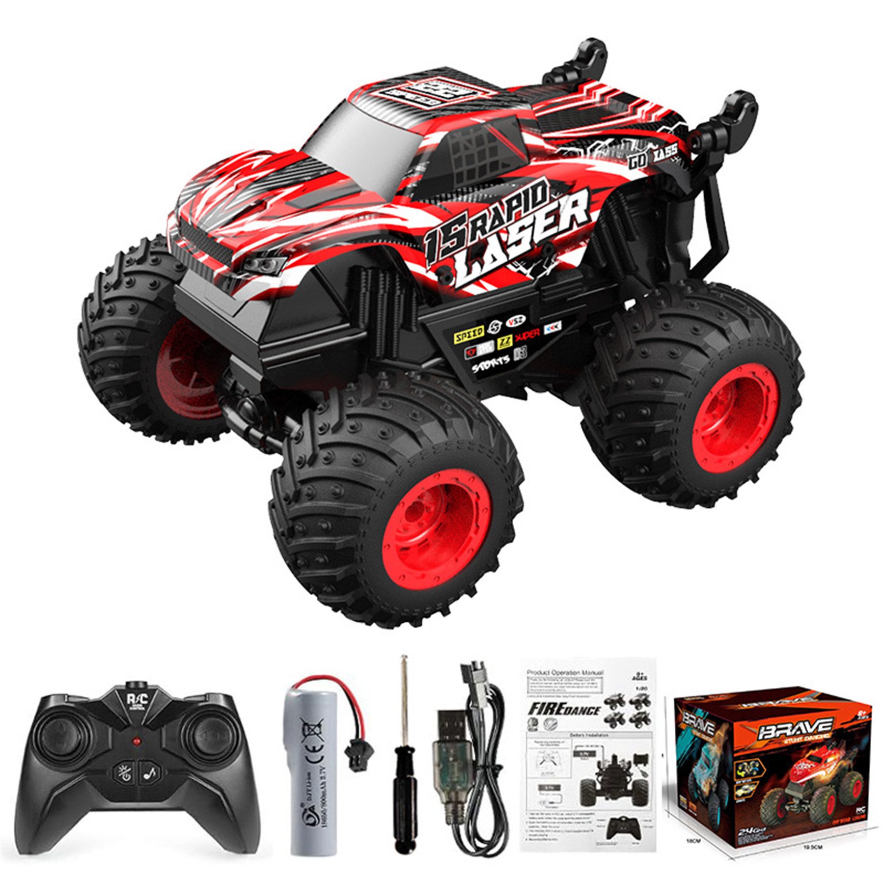 Senmudi Spielzeug-LKW Ferngesteuertes Auto, 2.4GHz 20+km/h Ferngesteuertes RC Monster Truck, (mit Akkus 20 Mins+, RC Stunt Spielzeug Auto Tanzfunktion Musik), für 6 7 8 9 10 Jahre Alte Kinder Erwachsene, Rot
