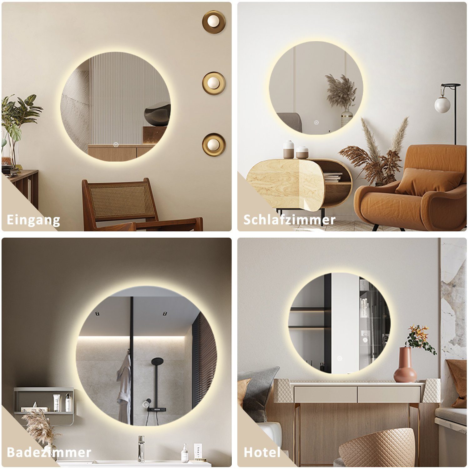 WDWRITTI Schminkspiegel Kosmetikspiegel mit LED beleuchtung Rund 60cm 50cm Wandmontage (Wandspiegel Badspiegel, Touch, Wandschalter), 3000/4000/6500K, Helligkeit dimmbar, Memory
