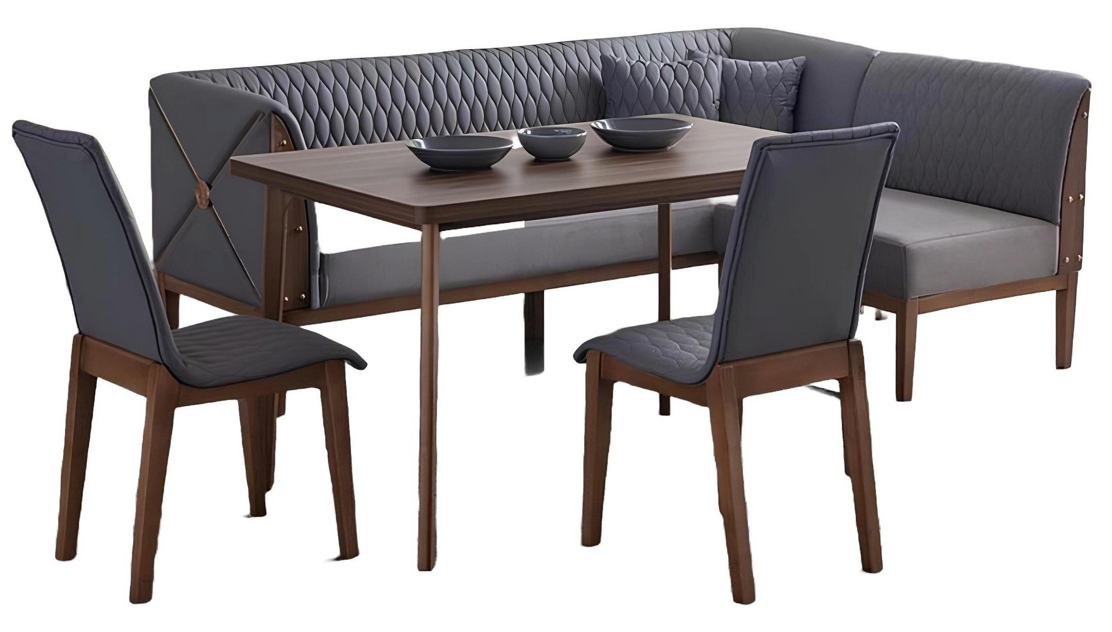 Essgruppe Elegantes Esszimmer Set in Grau mit braunem Esstisch und Bank